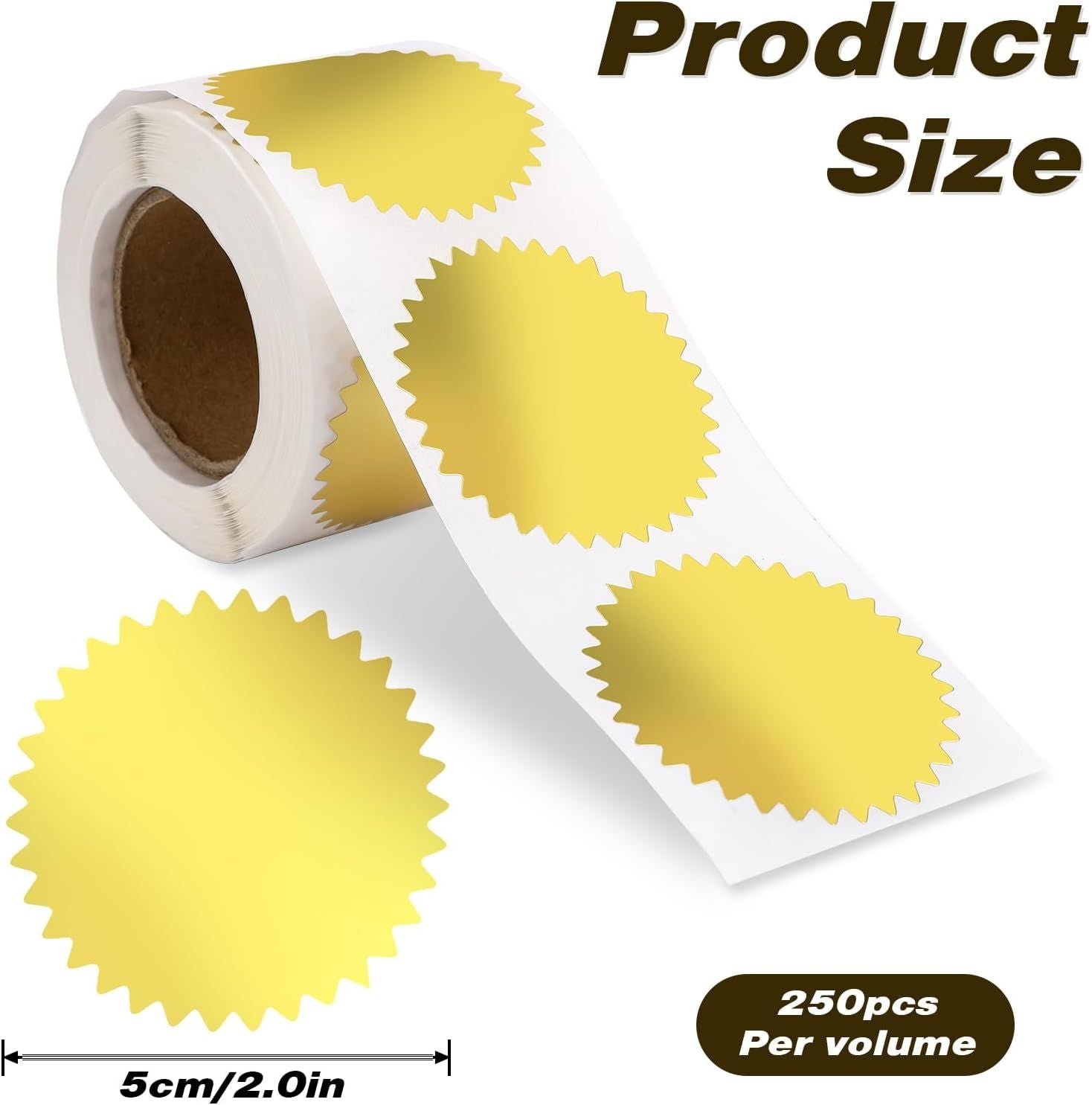 Gold Seals for Certificates 2" Round Gold Envelope Seal Stickers Golden Metallic Embossing Foil Sticker with Serrated Edge for Package, Wedding Envelope, Graduation, 250 Stickers Per Roll