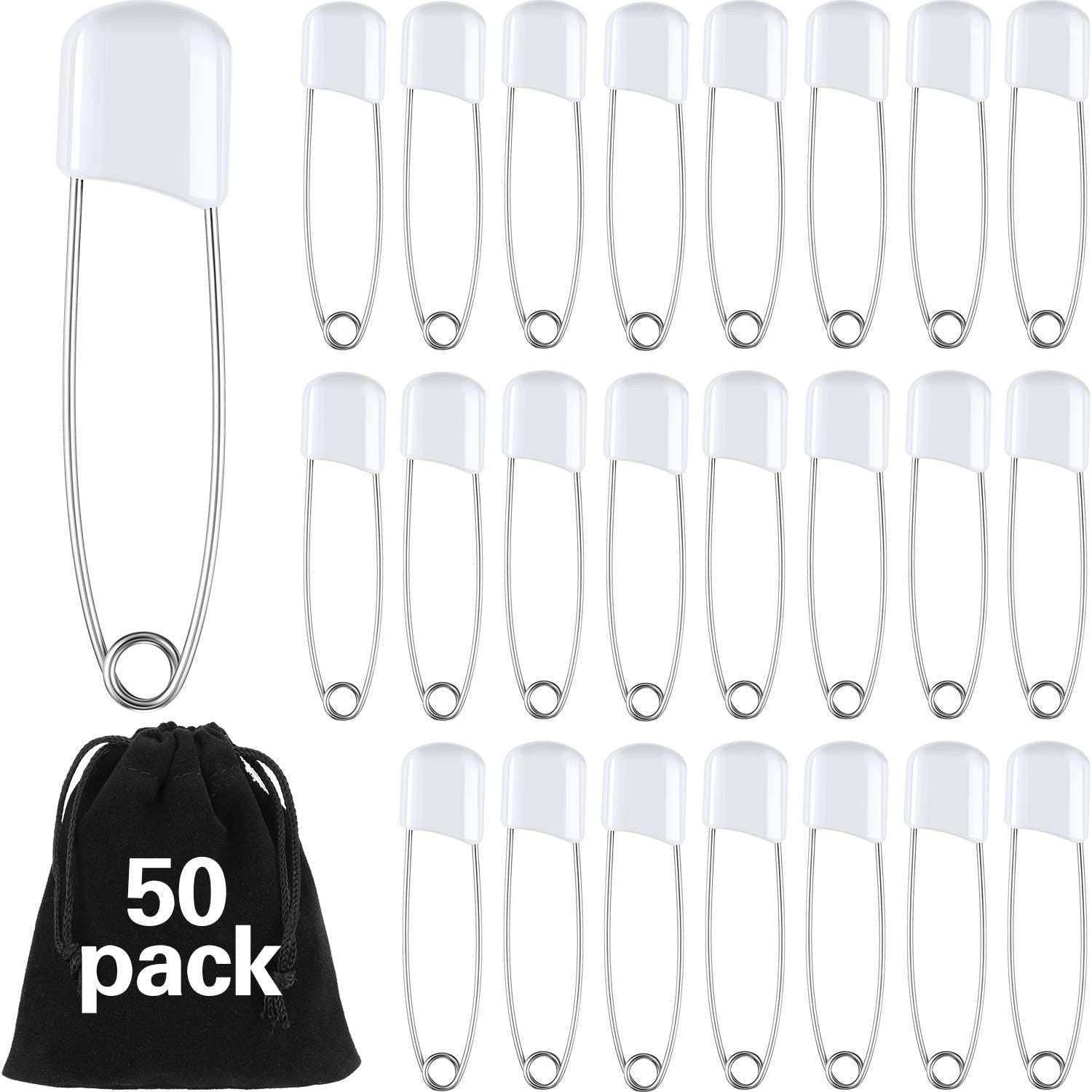 50 Pieces Diaper Pins Safety 2.2 Inch Plastic Head Cloth Diaper Nappy Pins with Locking Closures Stainless Steel with Velvet Bag White