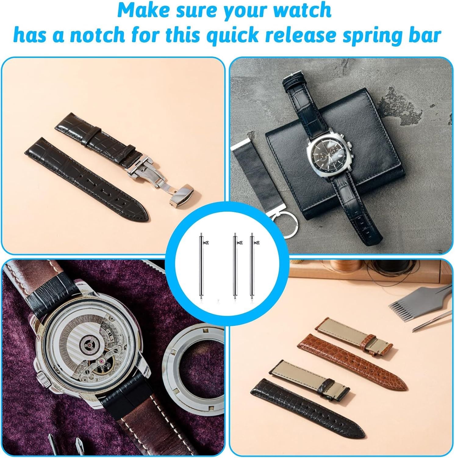 4Pcs Quick Release Spring Bars, Stainless Steel Pins for 22mm Watch Band, Watch Pins Replacement Kit for Watches Band Repairing