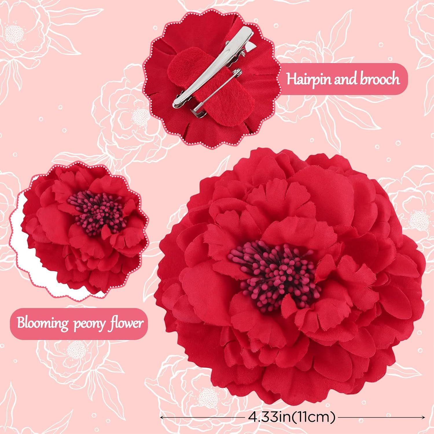Red Peony Fascinator Hair Accessory, Large Artificial Flower Brooch Hairpin for Women, Vintage Rose Barrette for Party, Beach, Wedding