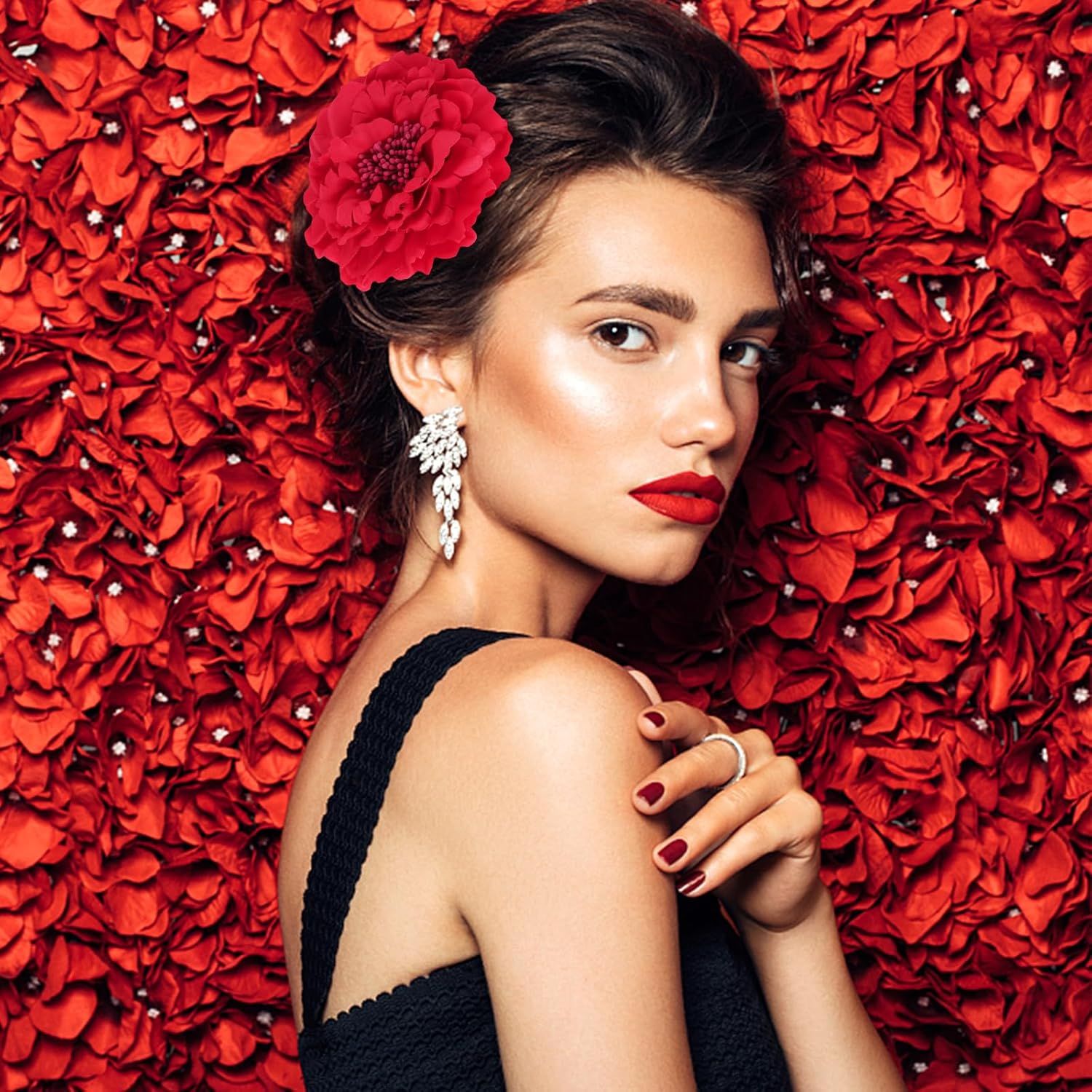 Red Peony Fascinator Hair Accessory, Large Artificial Flower Brooch Hairpin for Women, Vintage Rose Barrette for Party, Beach, Wedding