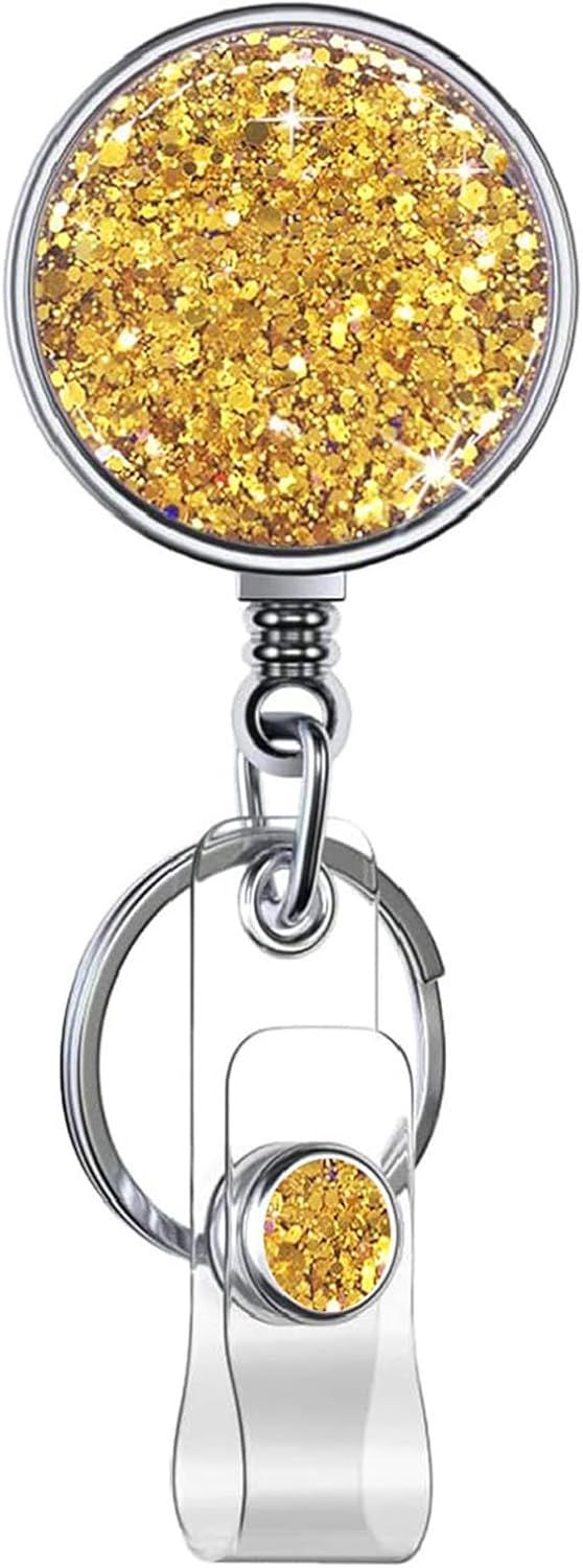 Bling Circular Retractable Badge Holder, Retractable Badge Reels with Key Ring Backing Belt Clip for Nurse,Medical Healthcare Worker, Volunteer,Teacher,Student 1 Pack-Yellow