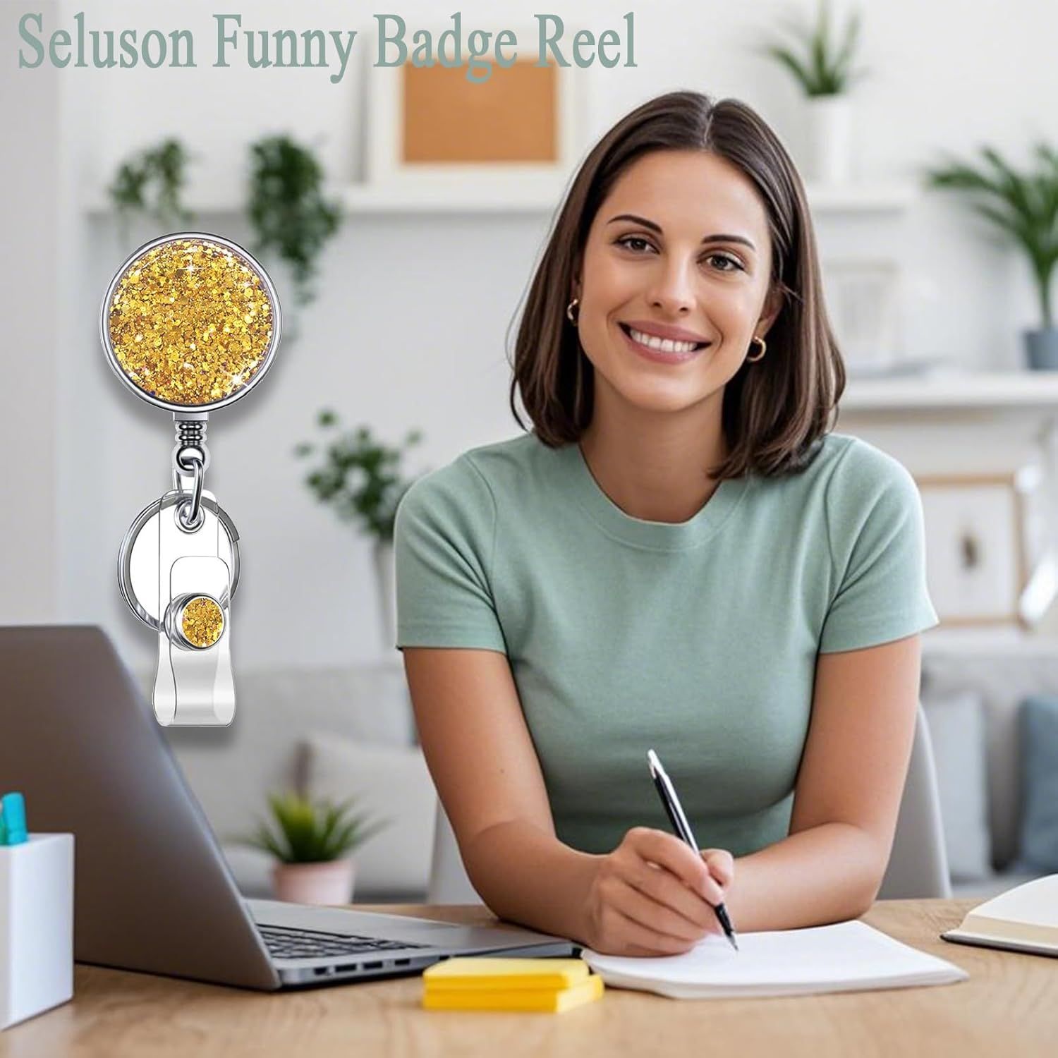 Bling Circular Retractable Badge Holder, Retractable Badge Reels with Key Ring Backing Belt Clip for Nurse,Medical Healthcare Worker, Volunteer,Teacher,Student 1 Pack-Yellow