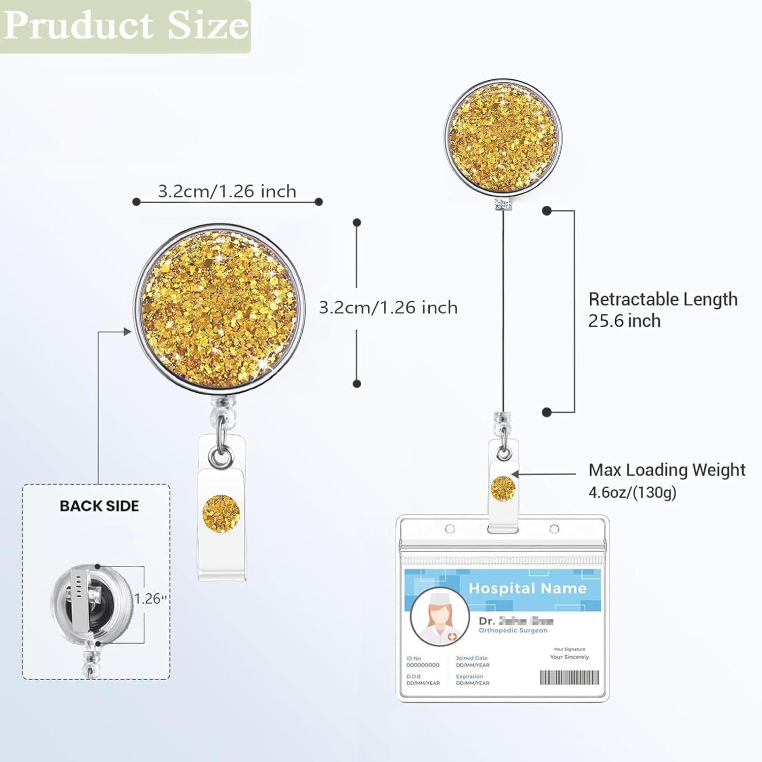 Bling Circular Retractable Badge Holder, Retractable Badge Reels with Key Ring Backing Belt Clip for Nurse,Medical Healthcare Worker, Volunteer,Teacher,Student 1 Pack-Yellow