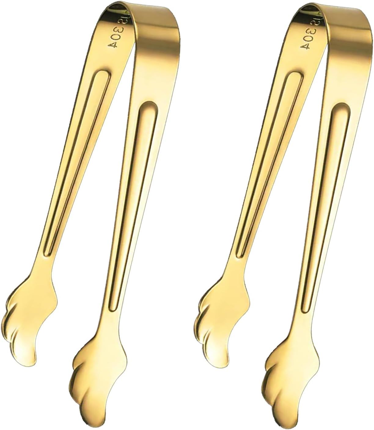 2 Pack Mini Tongs for Appetizer, 4.16 Inch Stainless Steel Ice Tongs Mini Sugar Tongs for Coffee Bar Tea Party Desserts Party Sugar and Ice Bucket Gold