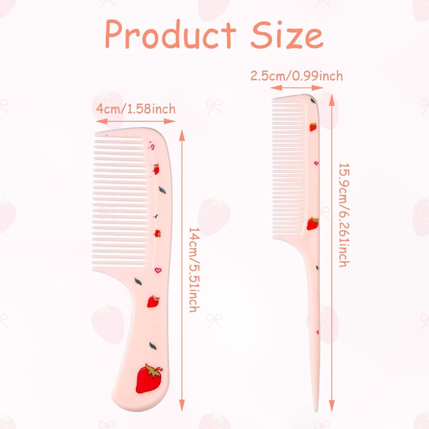 2pcs Cute Hair Comb Set, Pink Strawberry Baby Comb Fine Tooth Comb & Rat Tail Comb Toddler Tiny Hair Comb Small Girls Comb Plastic Mini Kids Comb Hair Parting Comb for Women Girls Kids All Hair Types