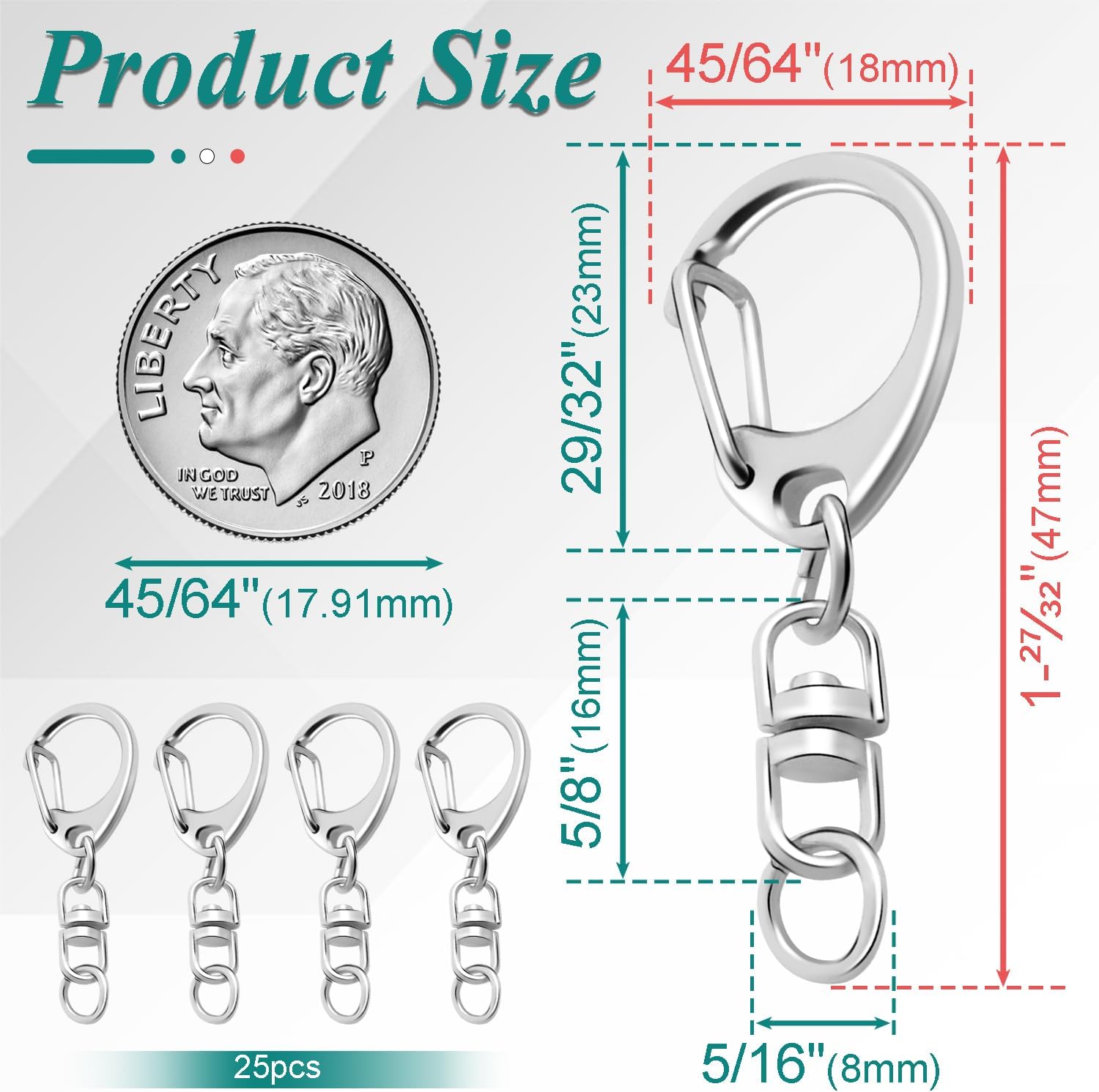 25 Pack Lobster Claw Clasps Keychain Kit, Silver Keychain Clip with Swivel Snap Hooks, Bulk Key Chain Clasps for Crafts DIY Making