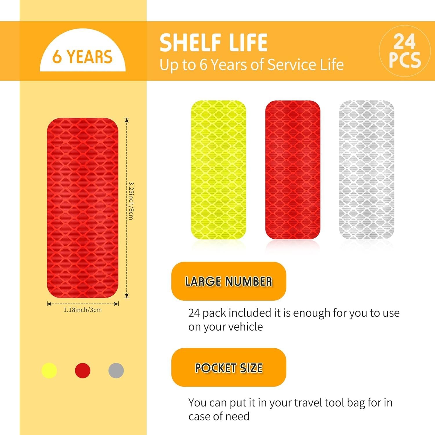 Warning Reflective Stickers Safety Night Visibility Adhesive Stickers Waterproof Reflective Tape Decal for Vehicle Motorcycle Bicycle, 1.18 x 3.25 Inch 24 Pieces