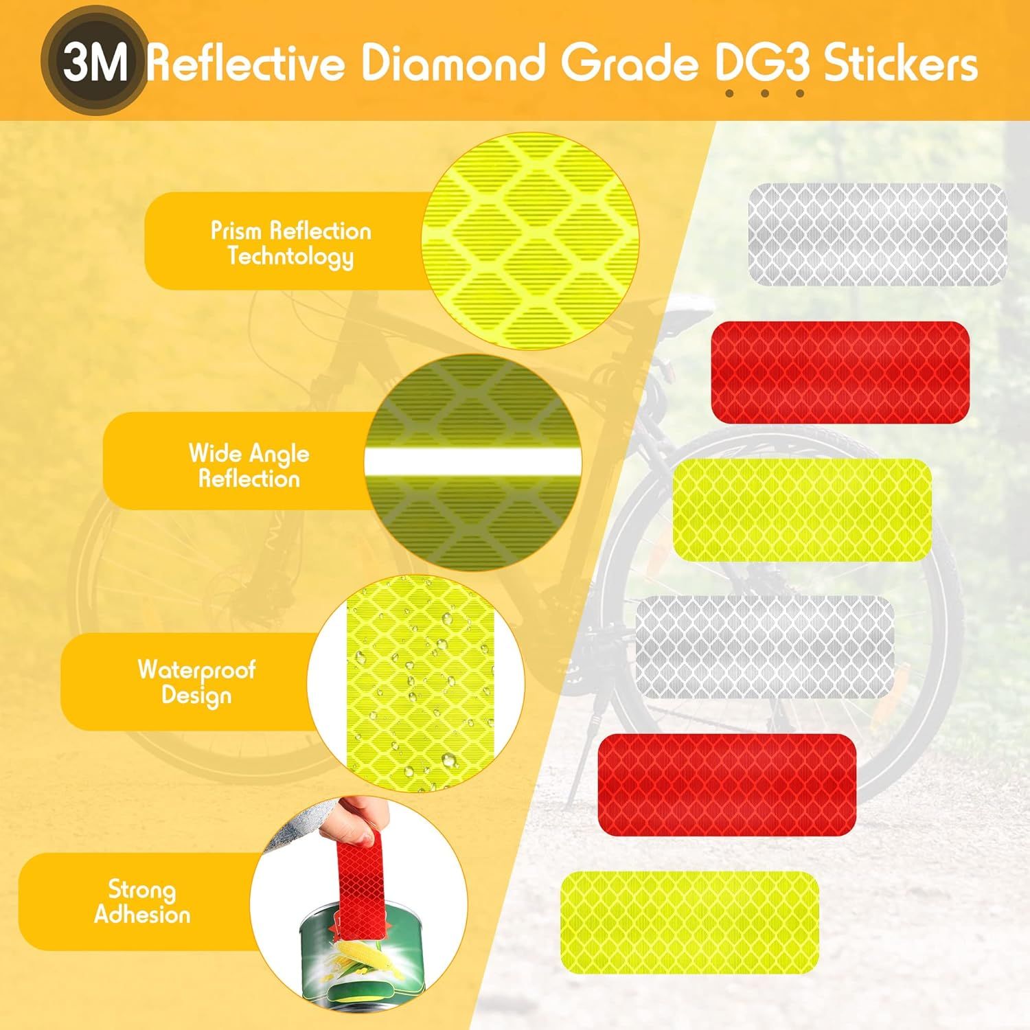 Warning Reflective Stickers Safety Night Visibility Adhesive Stickers Waterproof Reflective Tape Decal for Vehicle Motorcycle Bicycle, 1.18 x 3.25 Inch 24 Pieces