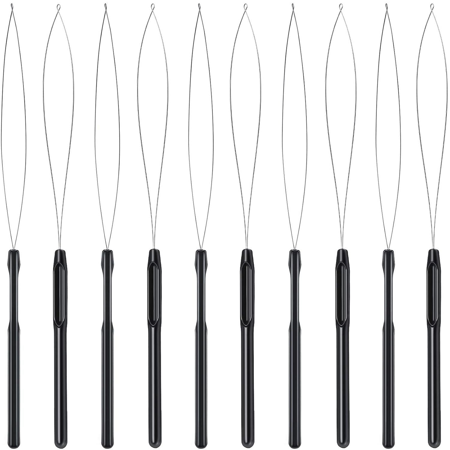10 Pieces Hair Extension Loop Needle Threader Pulling Hook Tool and Bead Device Tool Black Loop Threader for Hair or Feather Extensions Black