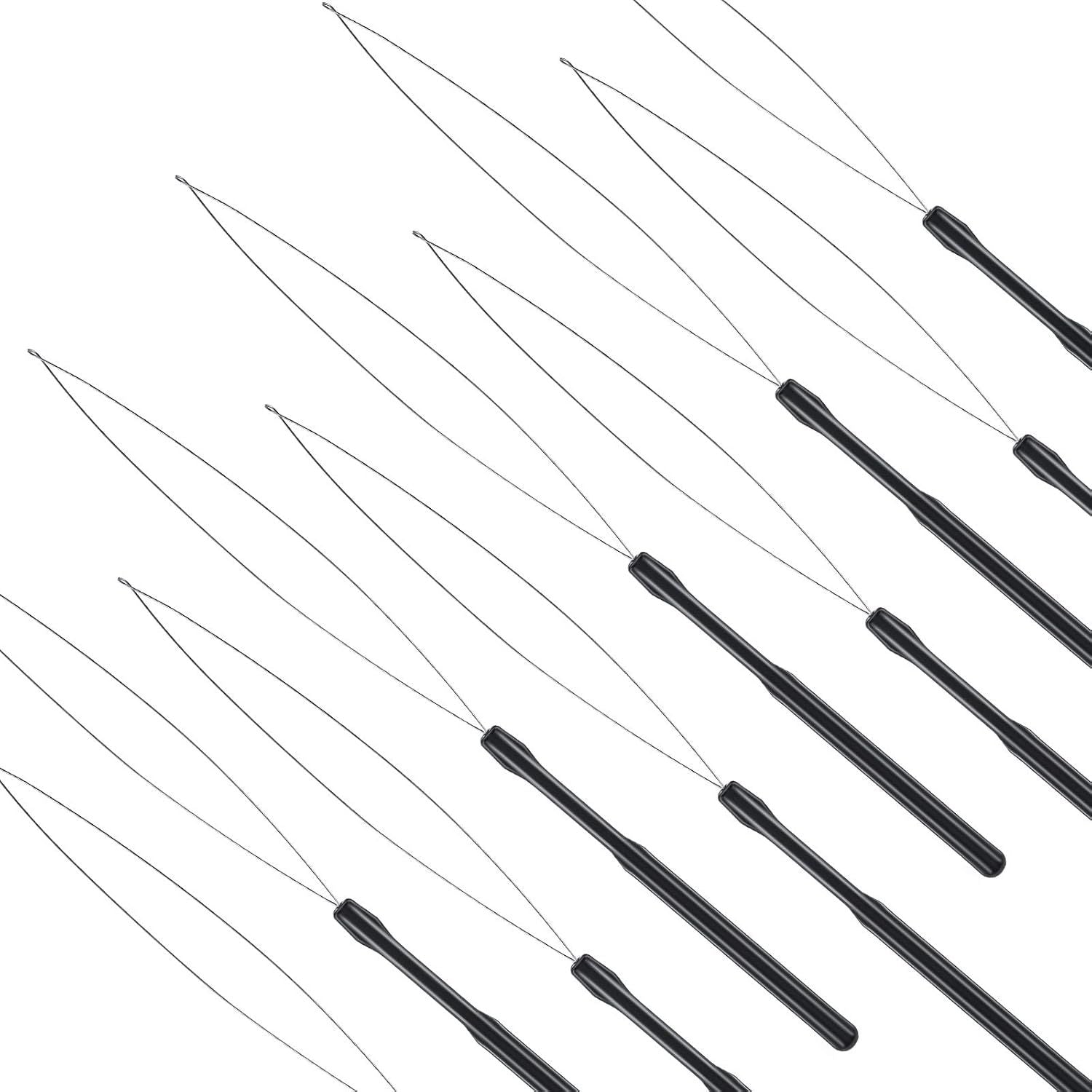 10 Pieces Hair Extension Loop Needle Threader Pulling Hook Tool and Bead Device Tool Black Loop Threader for Hair or Feather Extensions Black