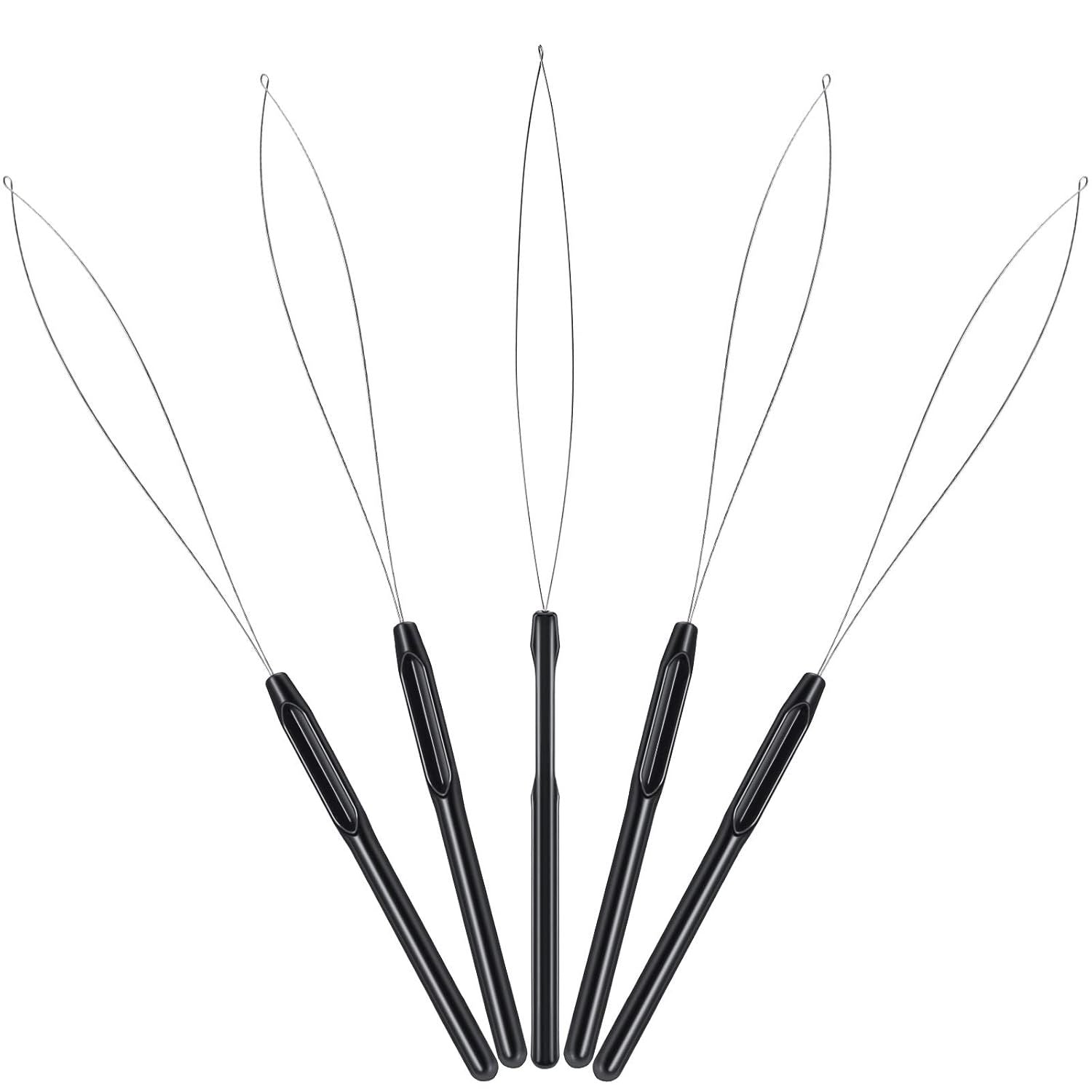10 Pieces Hair Extension Loop Needle Threader Pulling Hook Tool and Bead Device Tool Black Loop Threader for Hair or Feather Extensions Black