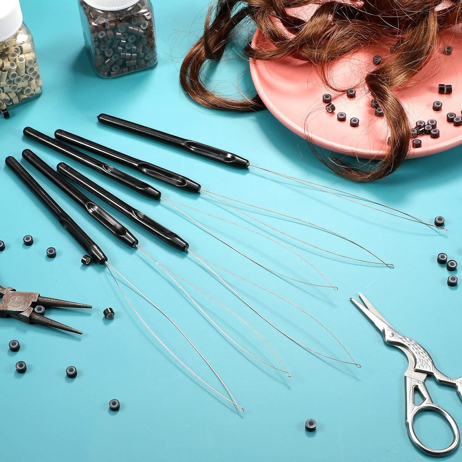 10 Pieces Hair Extension Loop Needle Threader Pulling Hook Tool and Bead Device Tool Black Loop Threader for Hair or Feather Extensions Black