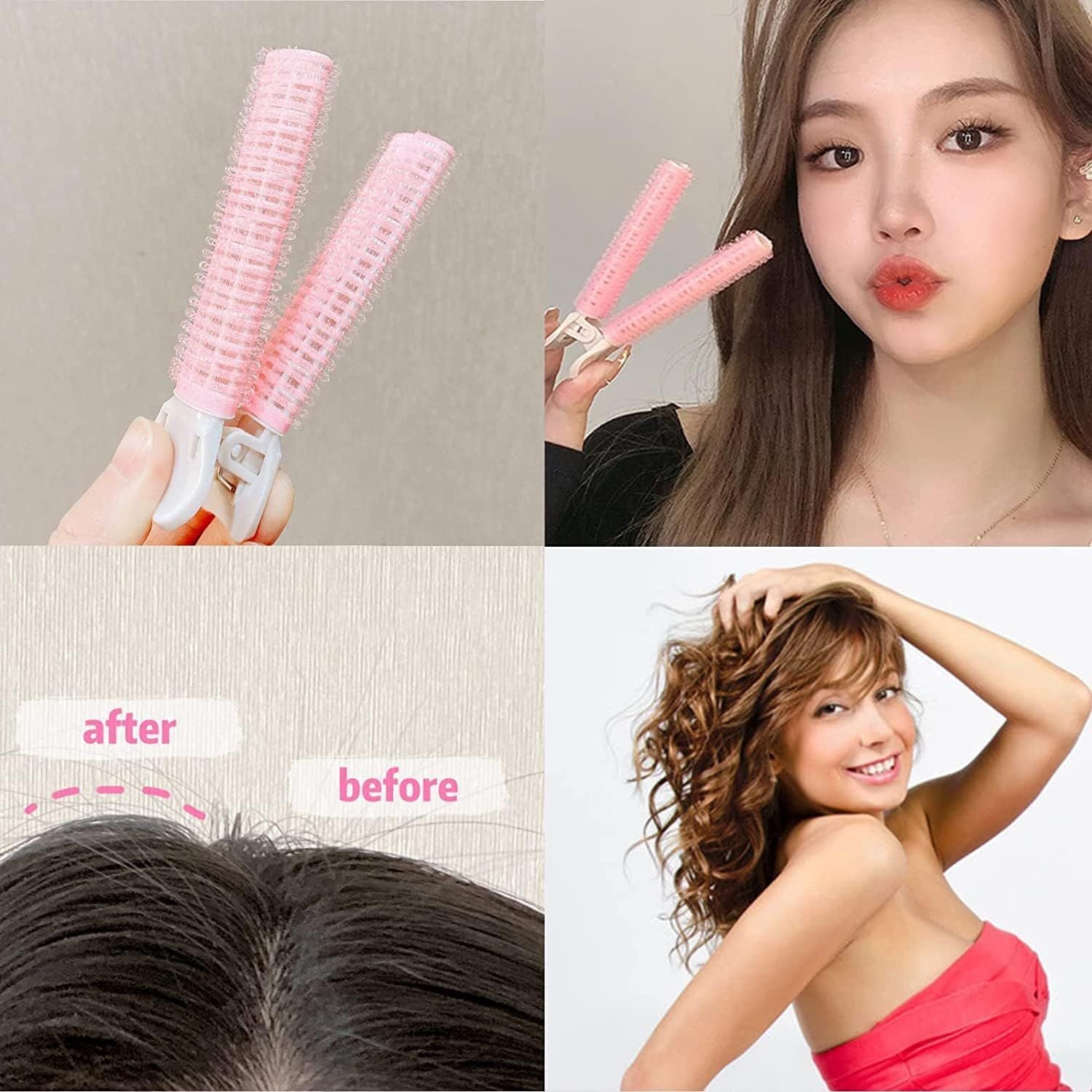 4 Pcs Pink Hair Rollers with Clip, Volumizing Hair Root Clips Bangs Curler DIY Hair Styling Accessories Hair Roller Tools