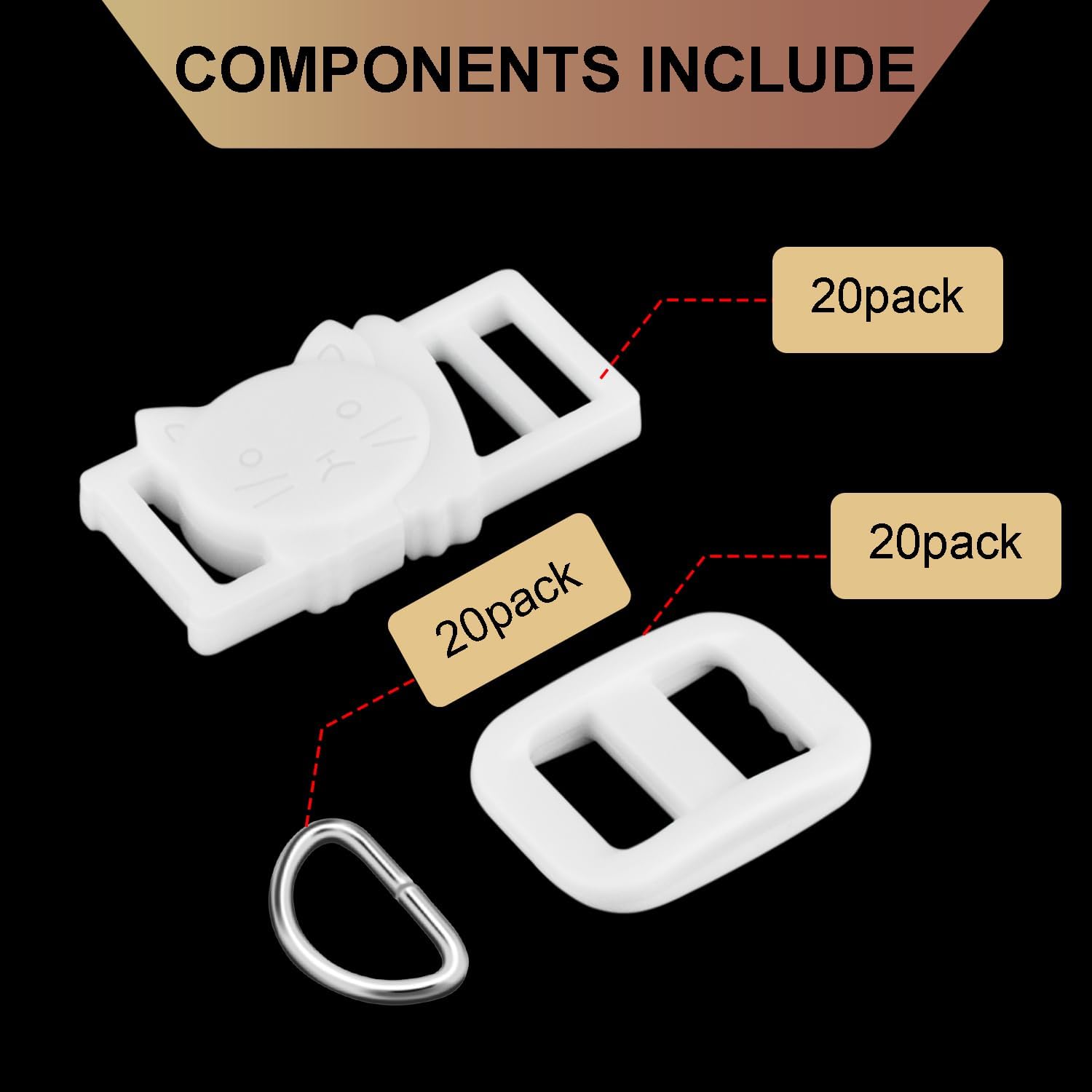 CooBigo 3/8" Breakaway Cat Collars Clasp Kit, 20 Set Break Away Lanyard Clasp Cat Safety Collar Paracord Buckles Accessories White