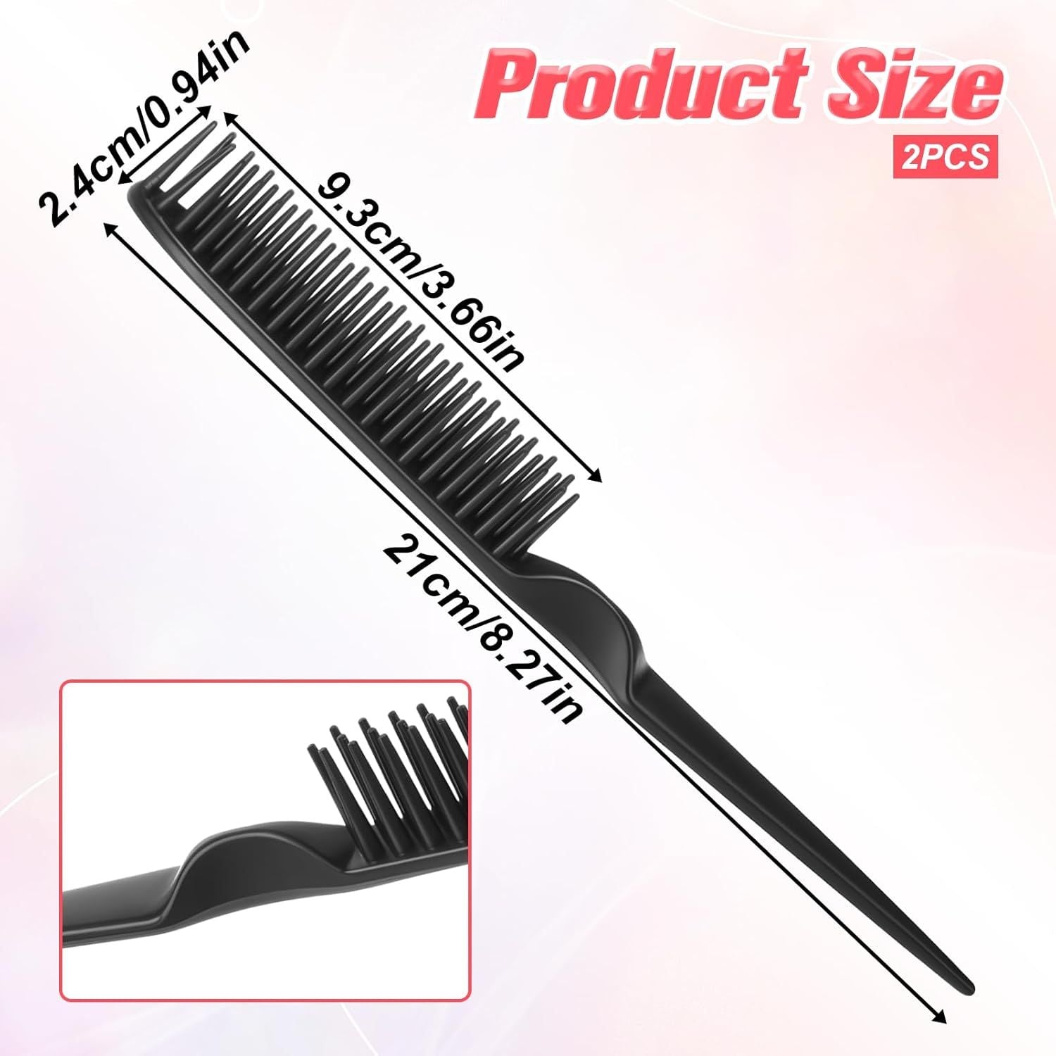 2 Pcs 3 Row Styling Comb, Curling Hair Styling Brush Rat Tail Comb Used for Combing, Separating and Shaping Curls Black