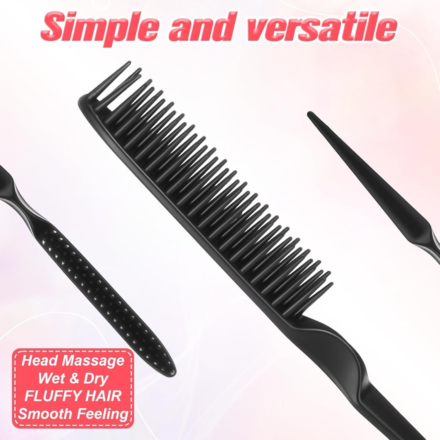 2 Pcs 3 Row Styling Comb, Curling Hair Styling Brush Rat Tail Comb Used for Combing, Separating and Shaping Curls Black