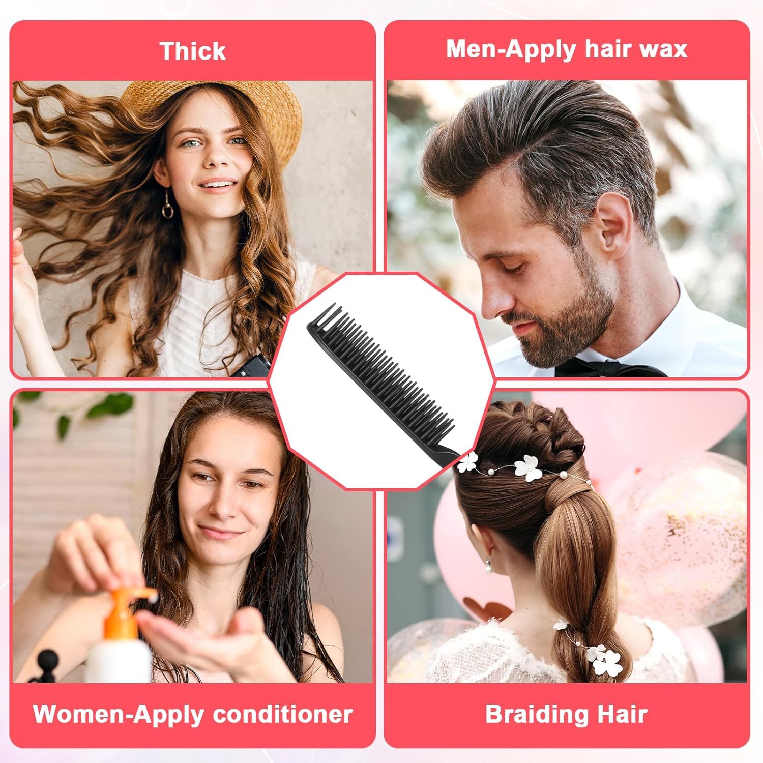 2 Pcs 3 Row Styling Comb, Curling Hair Styling Brush Rat Tail Comb Used for Combing, Separating and Shaping Curls Black