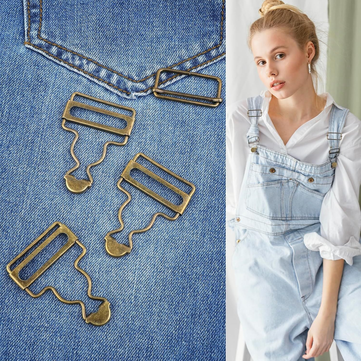 6 Sets Overalls Buckles, 1.25 inch Metal Overall Replacement Clasp Clips with Adjustable Tri Glide Slide Buckle and Buttons, DIY Button No-Sew Accessories for Overall Bib Pants Trousers Jeans Jacket