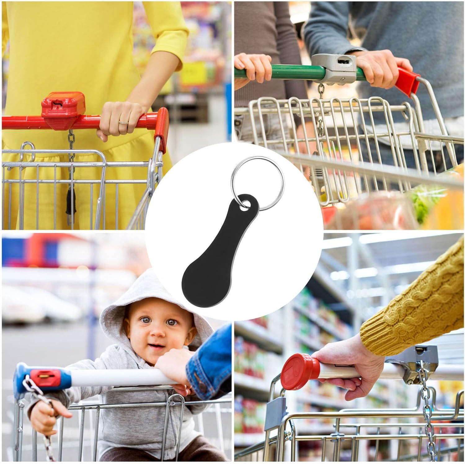 4 Pcs Stainless Steel Shopping Trolley Tokens, Portable Alloy Key Ring Quarter Holder Keychain Shopping Trolley Keyring for Men Women Shopping Cart Grocery Shopping Trolleys Black