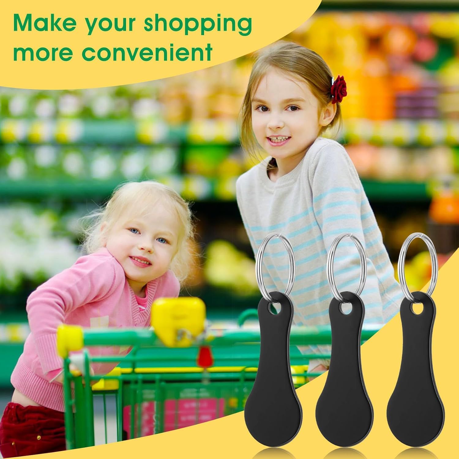 4 Pcs Stainless Steel Shopping Trolley Tokens, Portable Alloy Key Ring Quarter Holder Keychain Shopping Trolley Keyring for Men Women Shopping Cart Grocery Shopping Trolleys Black