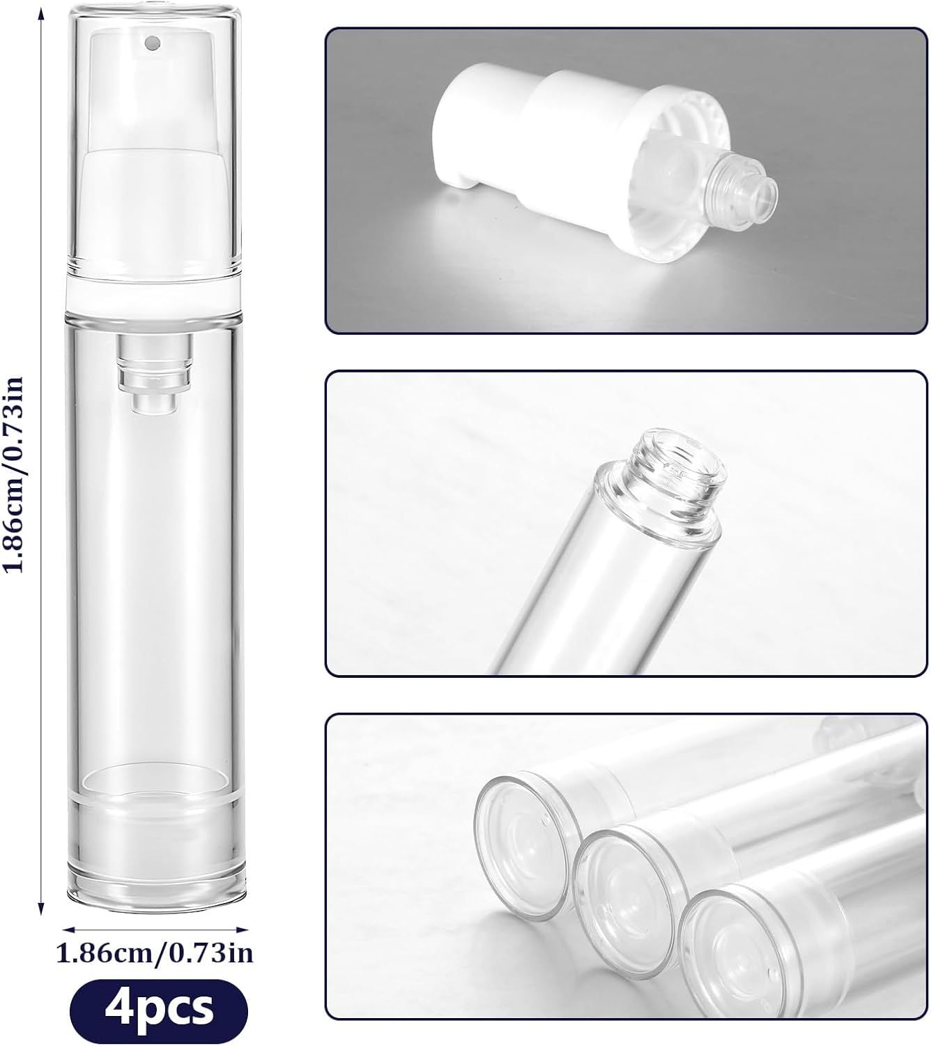 4 Pcs Refillable Clear Travel Airless Pump Container - Vacuum Cosmetic Press Pump Bottle for DIY Foundation Gel Lotion Moisturiser Shampoo Toiletry 10ml