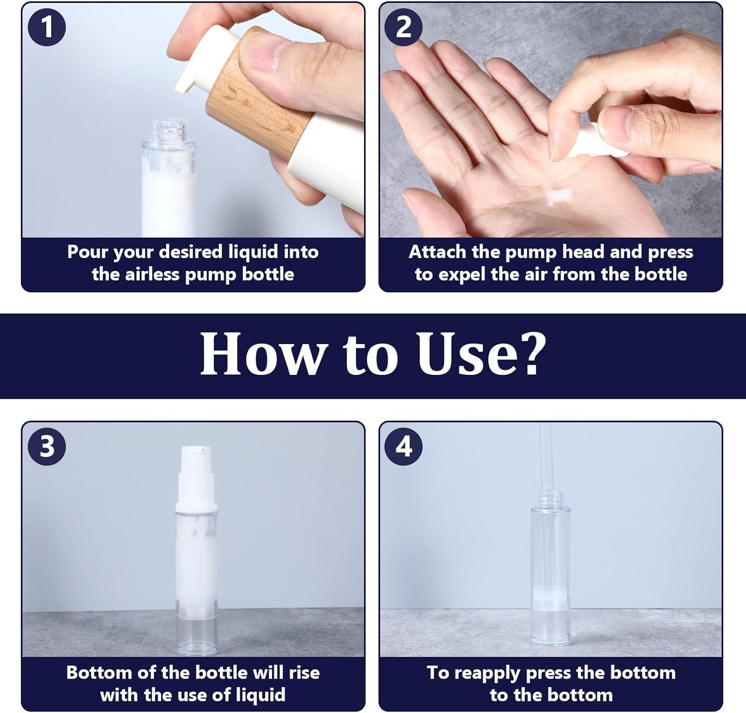 4 Pcs Refillable Clear Travel Airless Pump Container - Vacuum Cosmetic Press Pump Bottle for DIY Foundation Gel Lotion Moisturiser Shampoo Toiletry 10ml