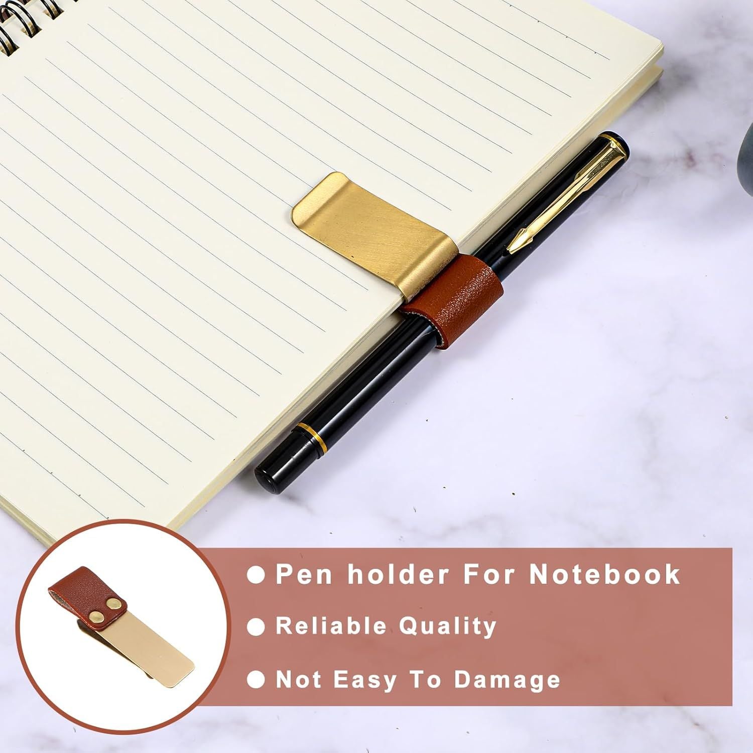 2 Pcs PU Leather Retro Notebook Pen Clips Metal Pen Loop Holder Sleeve - Silver & Gold