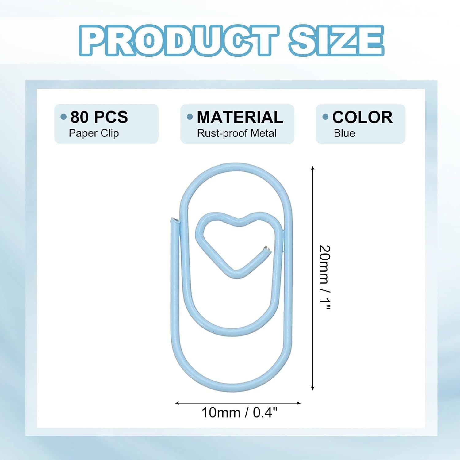1x0.4 Inch Mini Paper Clip, 80 Pcs Metal Heart Paper Clip Wide Rust-Proof Strong Durable Small Cute Bulk for Office Supplies Document Organization Binder Bookmarks Planner, Blue