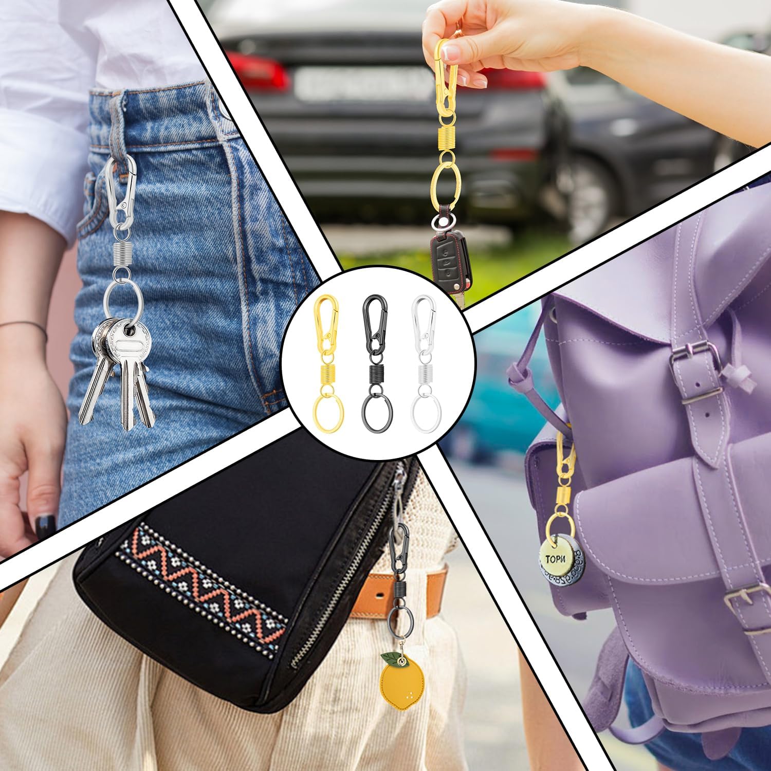 4Pack Small Carabiner Keychain, Spring Keyring Holder Organizer Clips, Metal Snap Hook Clip for Car Key Chain, Keyrings Holder, Purse Hook, Paracord Keychain Lanyard, Men and Women Key Fob Black