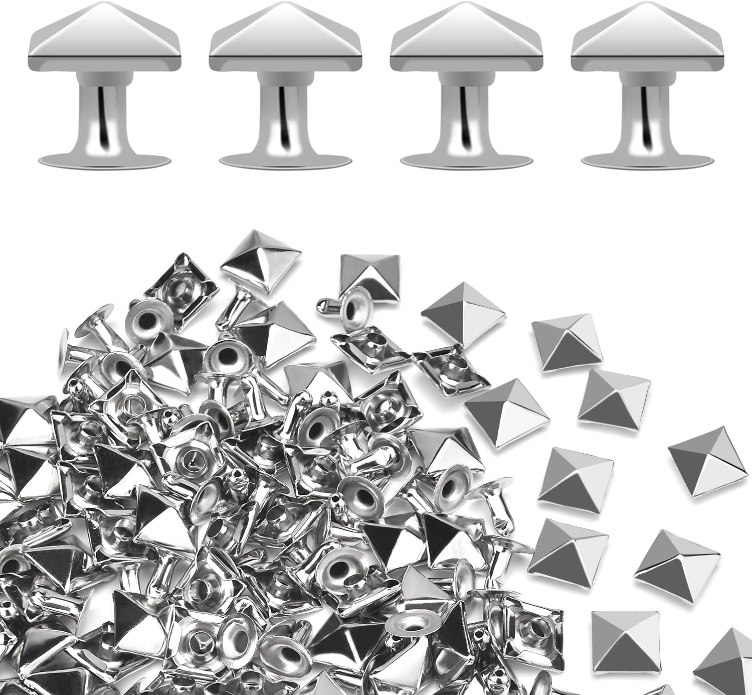 100 Sets 10mm Square Leather Rivets, Metal Pyramid Spike Studs Rivet for Leather Wrists Boots Clothing Pet Collars Belt Bags Punk Bracelets Key Fob DIY Repair and Decoration Silver