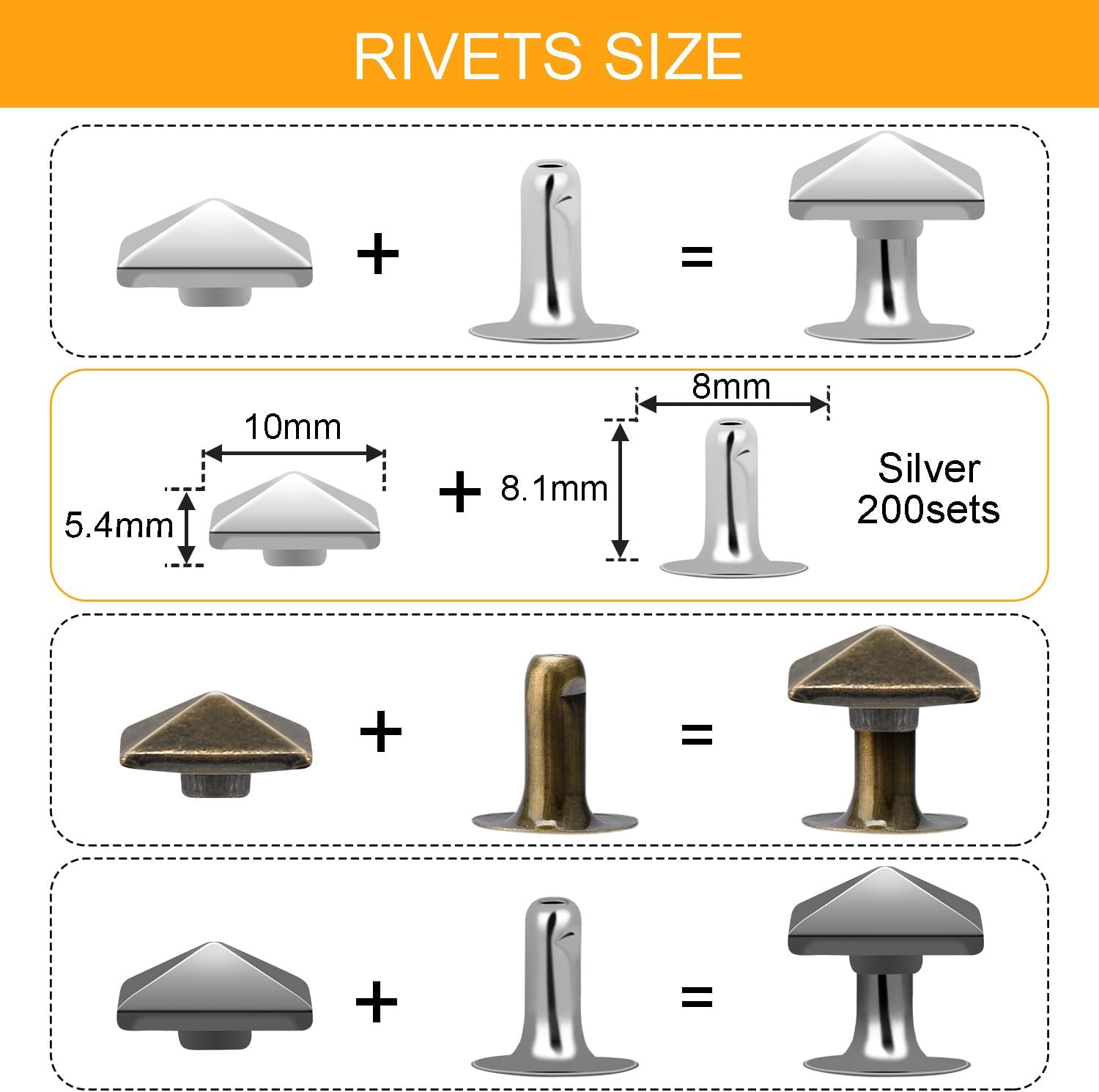 100 Sets 10mm Square Leather Rivets, Metal Pyramid Spike Studs Rivet for Leather Wrists Boots Clothing Pet Collars Belt Bags Punk Bracelets Key Fob DIY Repair and Decoration Silver