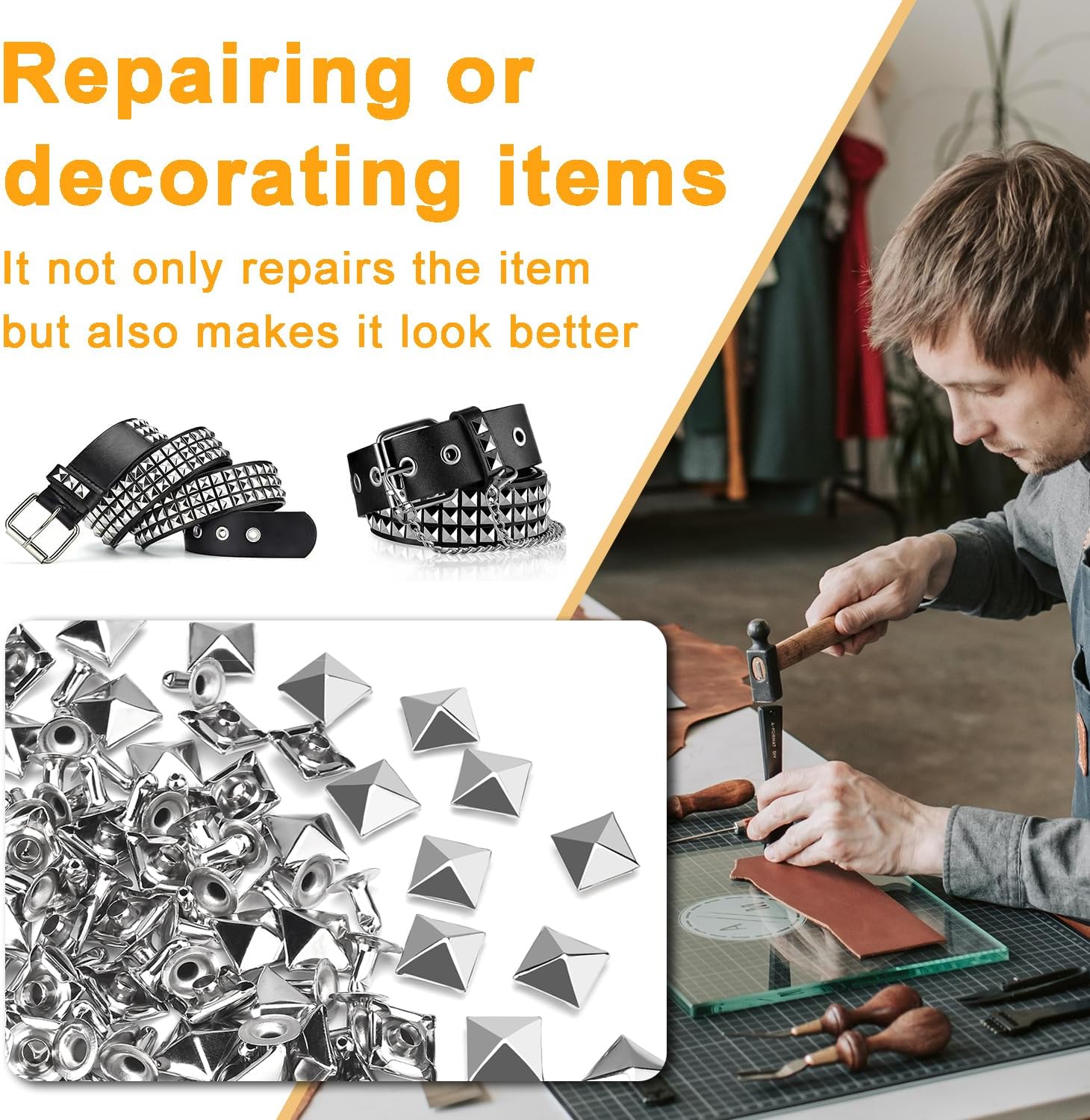 100 Sets 10mm Square Leather Rivets, Metal Pyramid Spike Studs Rivet for Leather Wrists Boots Clothing Pet Collars Belt Bags Punk Bracelets Key Fob DIY Repair and Decoration Silver