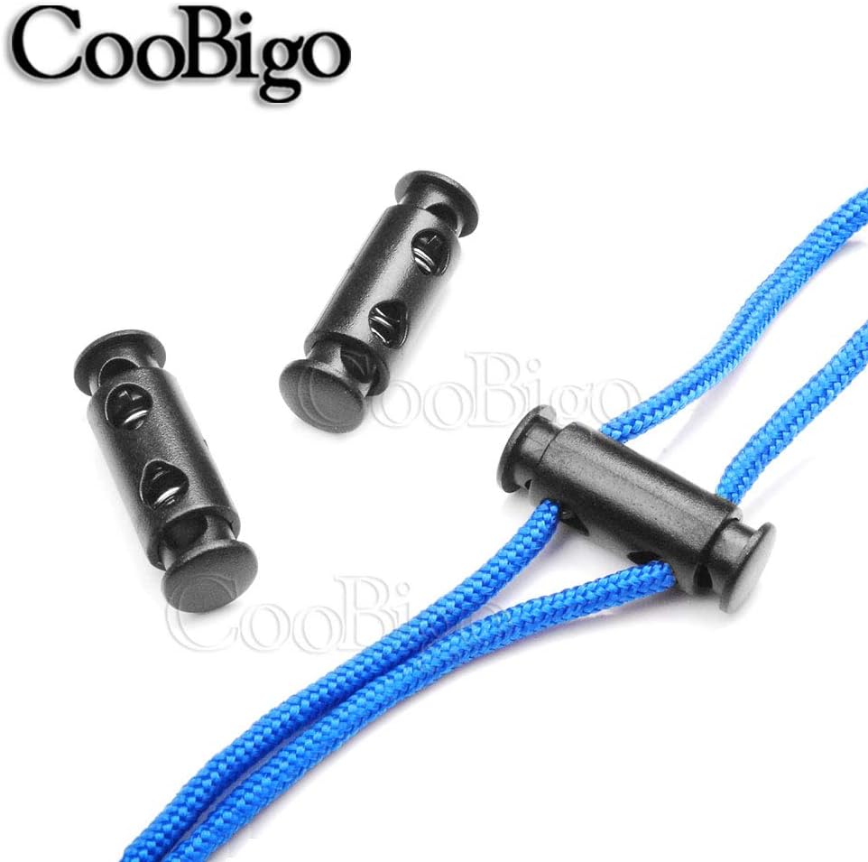 CooBigo 50pcs Cord Lock Ends 3mm Double Hole Fastener Slider Rope Clip Spring Clamp Stopper For DrawStrings Paracord Bag Elastic Rope Parts