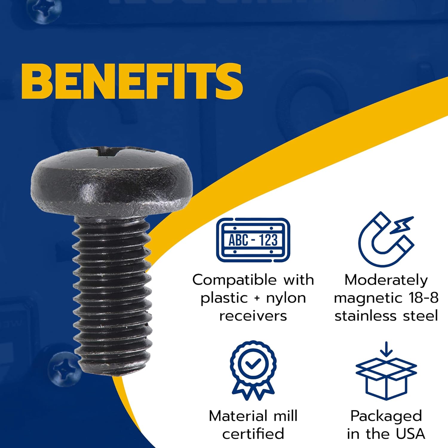 Black License Plate Screws for Audi and VW, Phillips Machine Pan Head 18-8, Stainless Steel, M6-1.0 x 12 mm Bolt Pack of 4