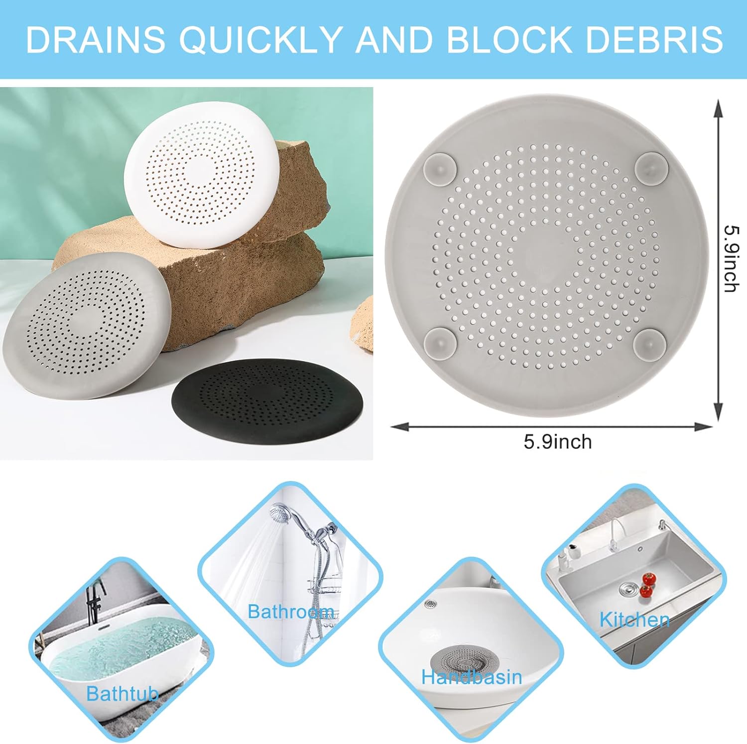 2 Pack Shower Drain Hair Catcher, Silicone Drain Cover with Suction Cup,Shower Drain Protector Drain Strainer Hair Stopper for Kitchen Bathroom Bathtub Sink New Black 2Pack
