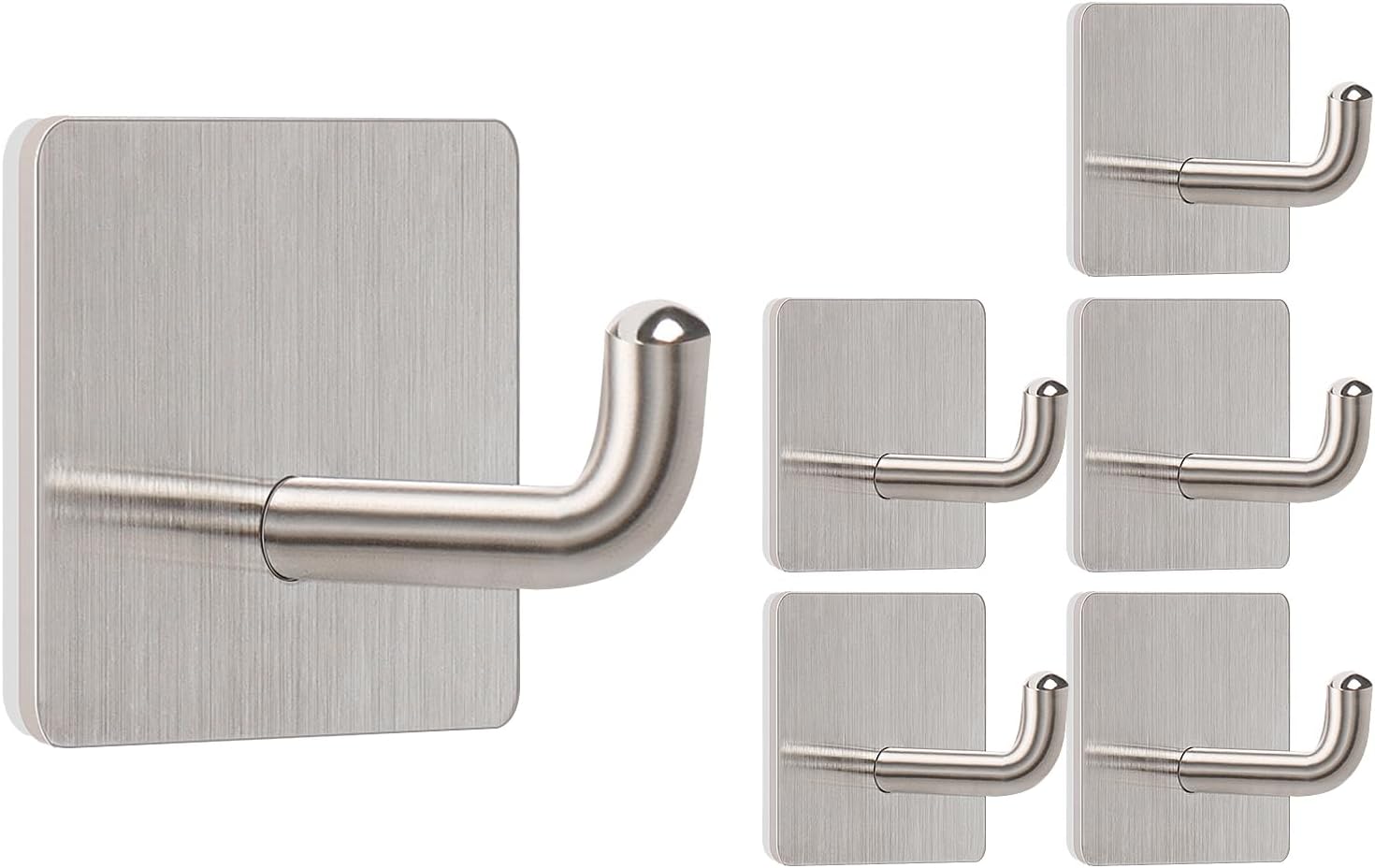 Livabber Adhesive Towel Hooks, 304 Stainless Steel Self Sticky Wall Hooks Waterproof Shower Hooks for Robe/Clothes, No Drilling Towel Hangers for Bathroom Kitchen Bedroom Brushed Nickel, 6 Packs