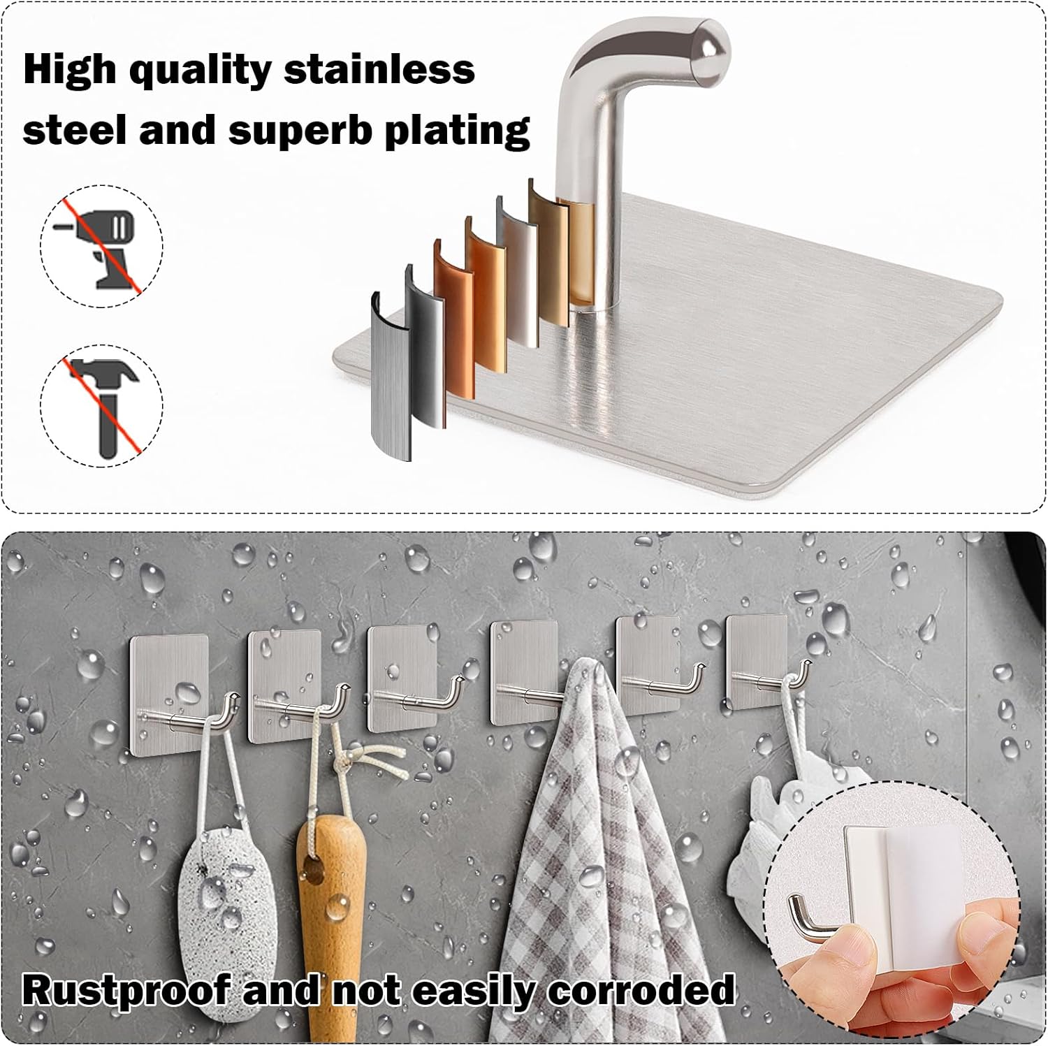 Livabber Adhesive Towel Hooks, 304 Stainless Steel Self Sticky Wall Hooks Waterproof Shower Hooks for Robe/Clothes, No Drilling Towel Hangers for Bathroom Kitchen Bedroom Brushed Nickel, 6 Packs