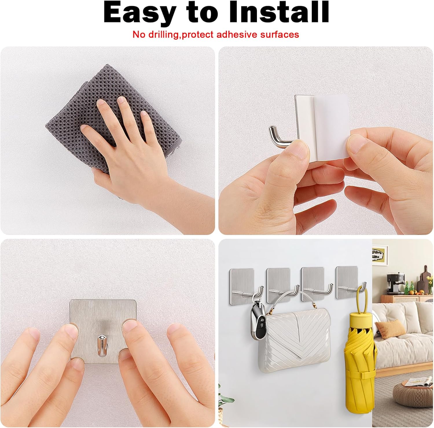 Livabber Adhesive Towel Hooks, 304 Stainless Steel Self Sticky Wall Hooks Waterproof Shower Hooks for Robe/Clothes, No Drilling Towel Hangers for Bathroom Kitchen Bedroom Brushed Nickel, 6 Packs