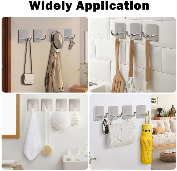 Livabber Adhesive Towel Hooks, 304 Stainless Steel Self Sticky Wall Hooks Waterproof Shower Hooks for Robe/Clothes, No Drilling Towel Hangers for Bathroom Kitchen Bedroom Brushed Nickel, 6 Packs