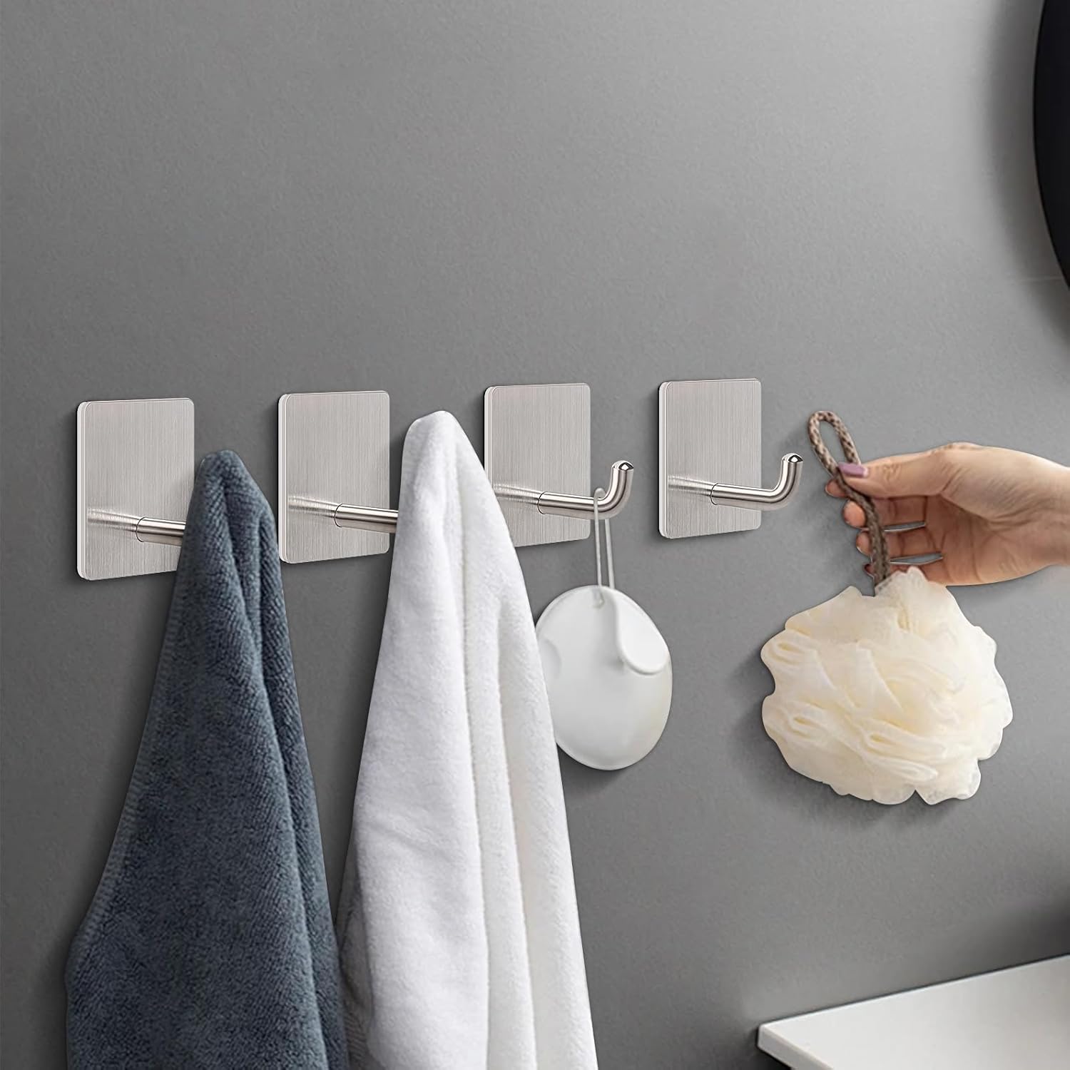 Livabber Adhesive Towel Hooks, 304 Stainless Steel Self Sticky Wall Hooks Waterproof Shower Hooks for Robe/Clothes, No Drilling Towel Hangers for Bathroom Kitchen Bedroom Brushed Nickel, 6 Packs