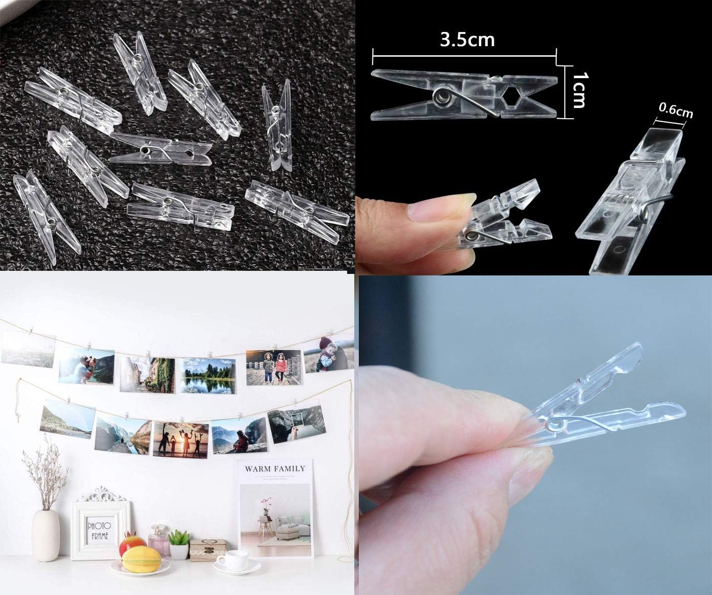 Yansanido 100pcs Mini Clear Plastic Utility Paper Clip, Clothespins Clips, Clothes Line String Clips, mini Clothes Pins for Photo for String Fairy Lights Color Clear 100pcs Clear Plastic Clips