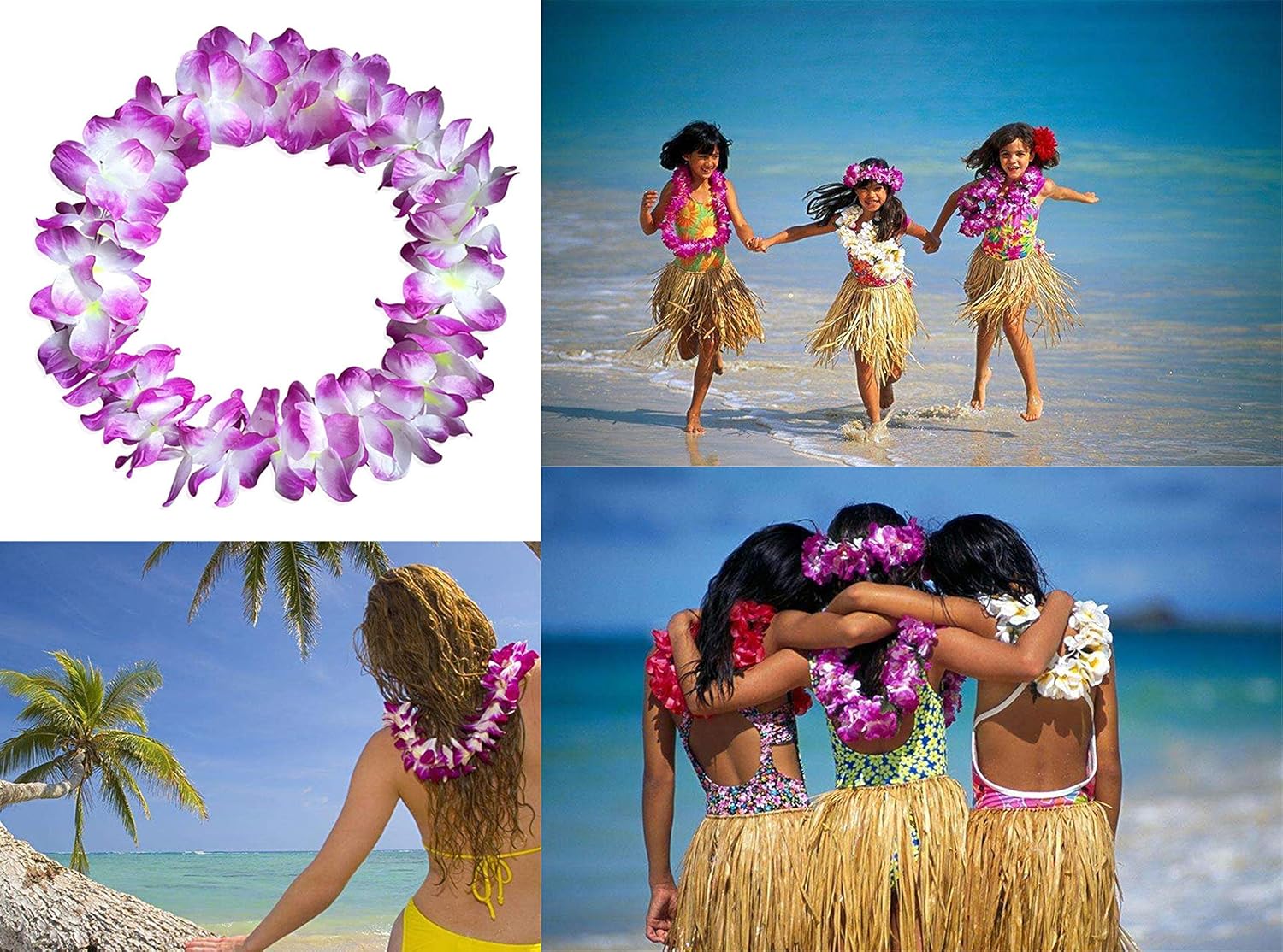 4 Pcs Purple Hawaiian Leis with Green Leaves for Graduation Party, Dance Party, Photo Prop in Outdoors Purple