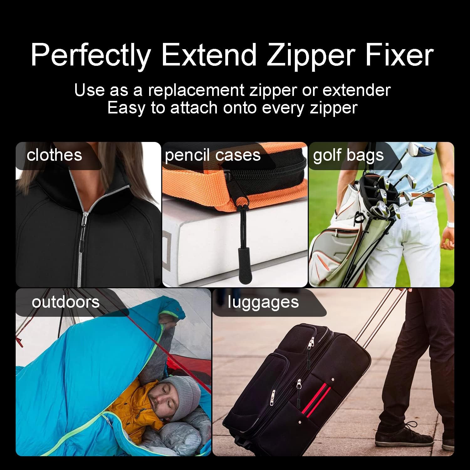 CooBigo 12Pack Zipper Pull Replacement, Golf Bag Parcord Zipper Pull Tab Replacement for Backpack, Jackets, Pants, Boots, Coats, Luggage - Balck Universal Extender