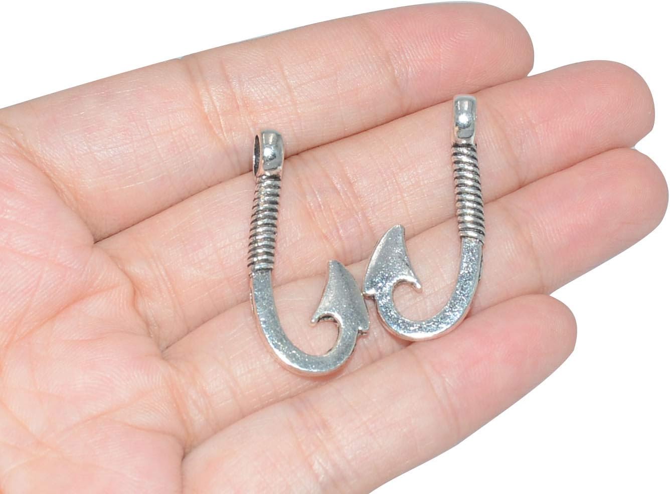 Pack of 50 Alloy Bulk Fish Hook Charms Pendents 13mmx31mm Jewelry Findings for Making Bracelet and Necklace Silver 50pcs