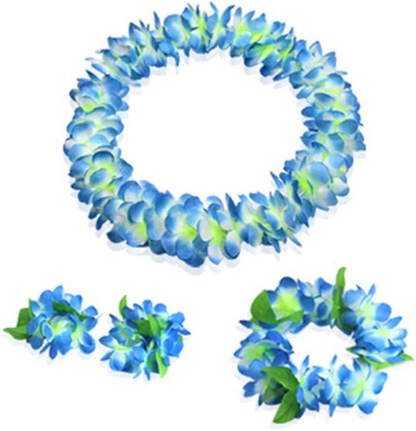 Yansanido 4 Pcs Blue Hawaiian Leis with Green Leaves for Graduation Party, Dance Party, Photo Prop in Outdoors Blue