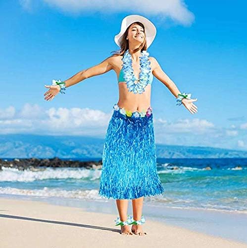 Yansanido 4 Pcs Blue Hawaiian Leis with Green Leaves for Graduation Party, Dance Party, Photo Prop in Outdoors Blue