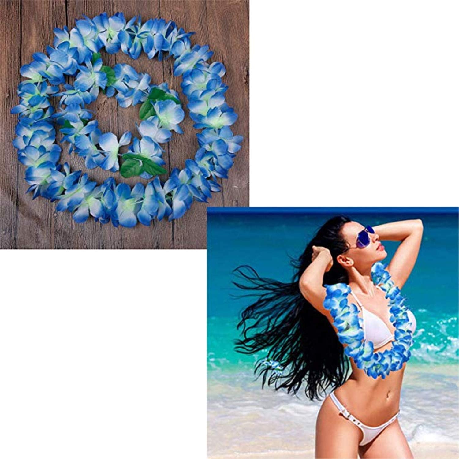 Yansanido 4 Pcs Blue Hawaiian Leis with Green Leaves for Graduation Party, Dance Party, Photo Prop in Outdoors Blue