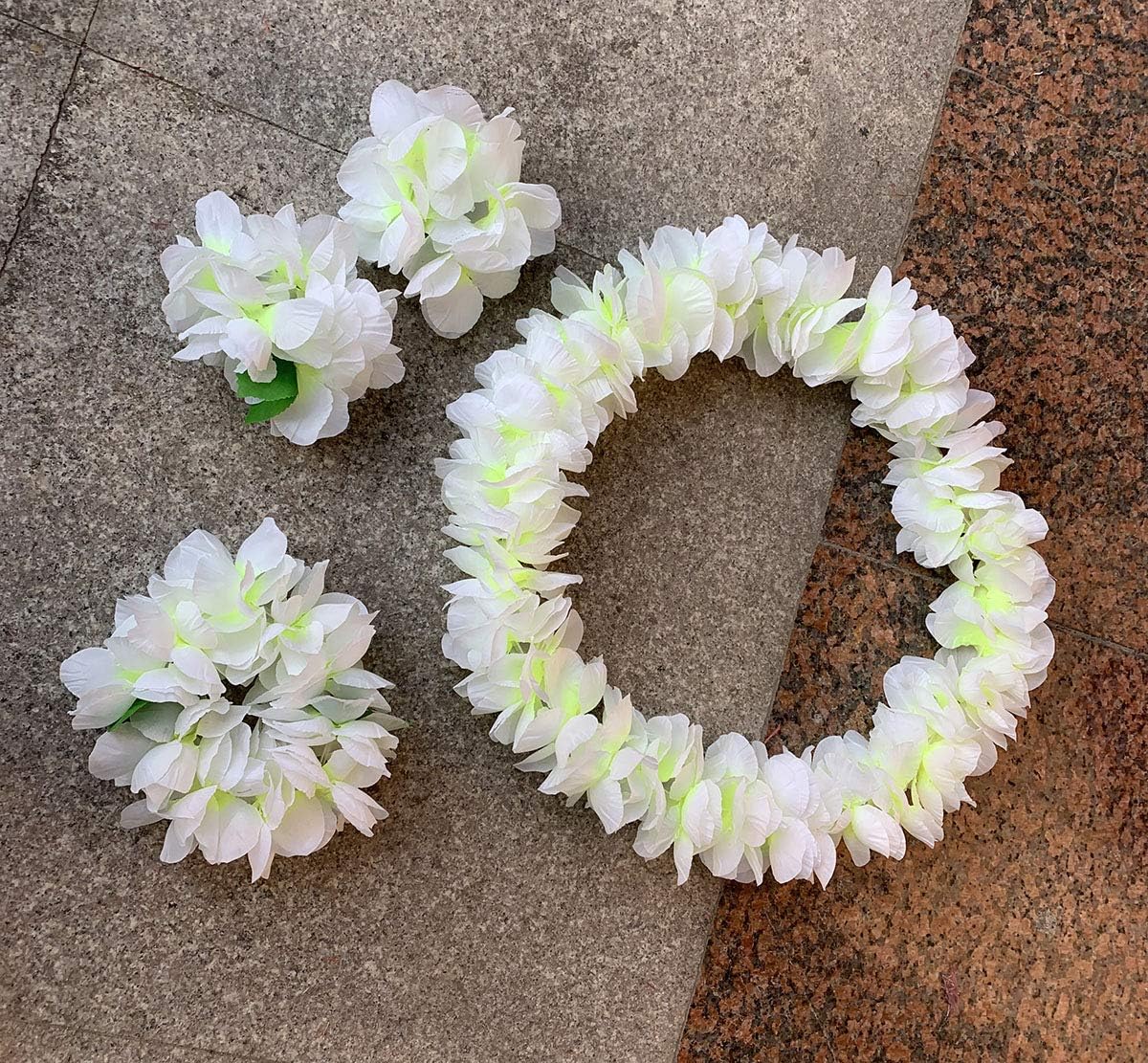 Yansanido 4 Pcs White Hawaiian Leis with Green Leaves for Graduation Party, Dance Party, Photo Prop in Outdoors White