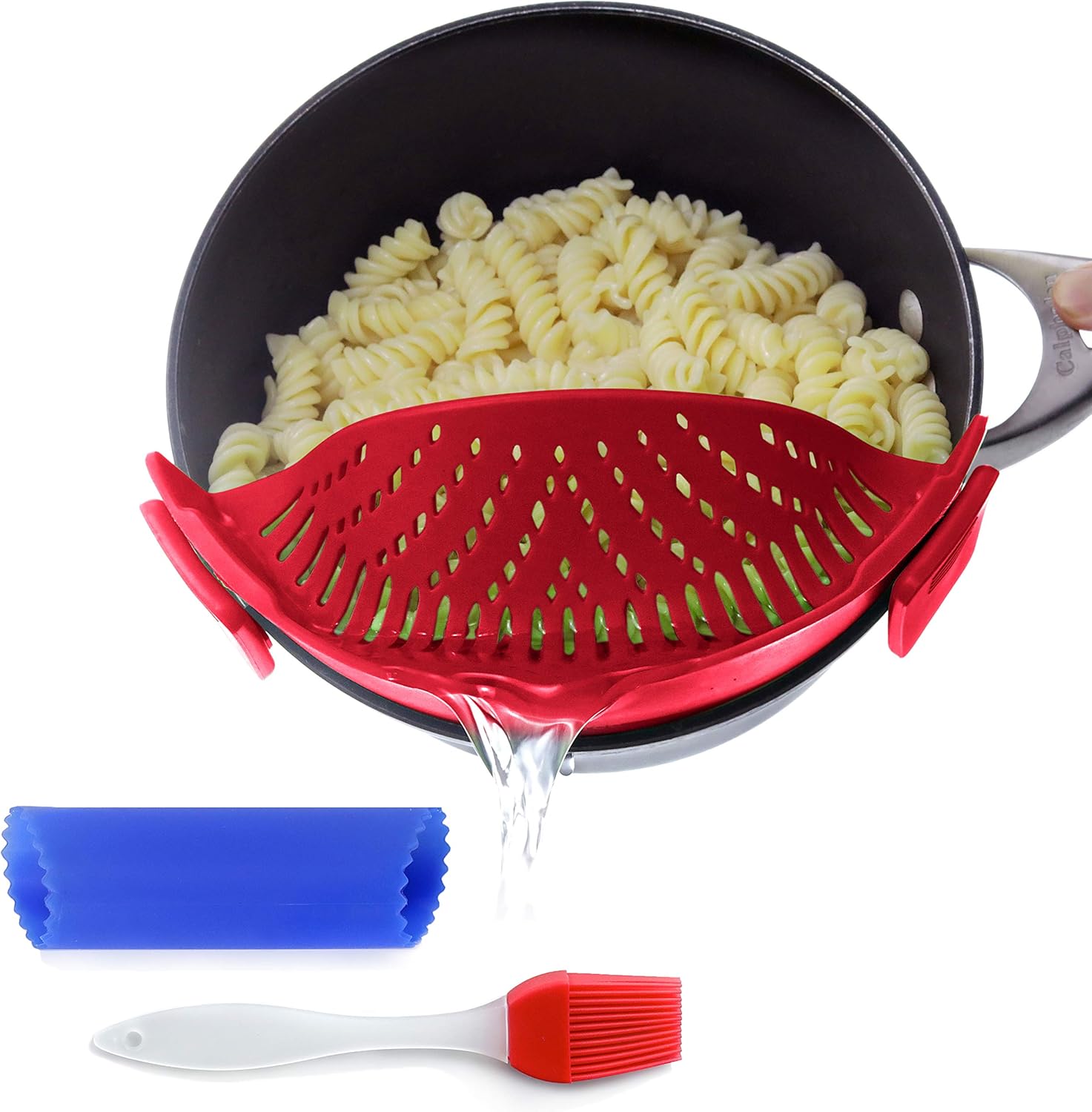 Clip On Kitchen Food Strainer for Spaghetti, Meat, Pasta, & Ground Beef Grease, Colander & Sieve Snaps or Clips Onto Bowls, Pots & Pans Includes Silicone Drainer, Brush & Garlic Peeler Dk Red